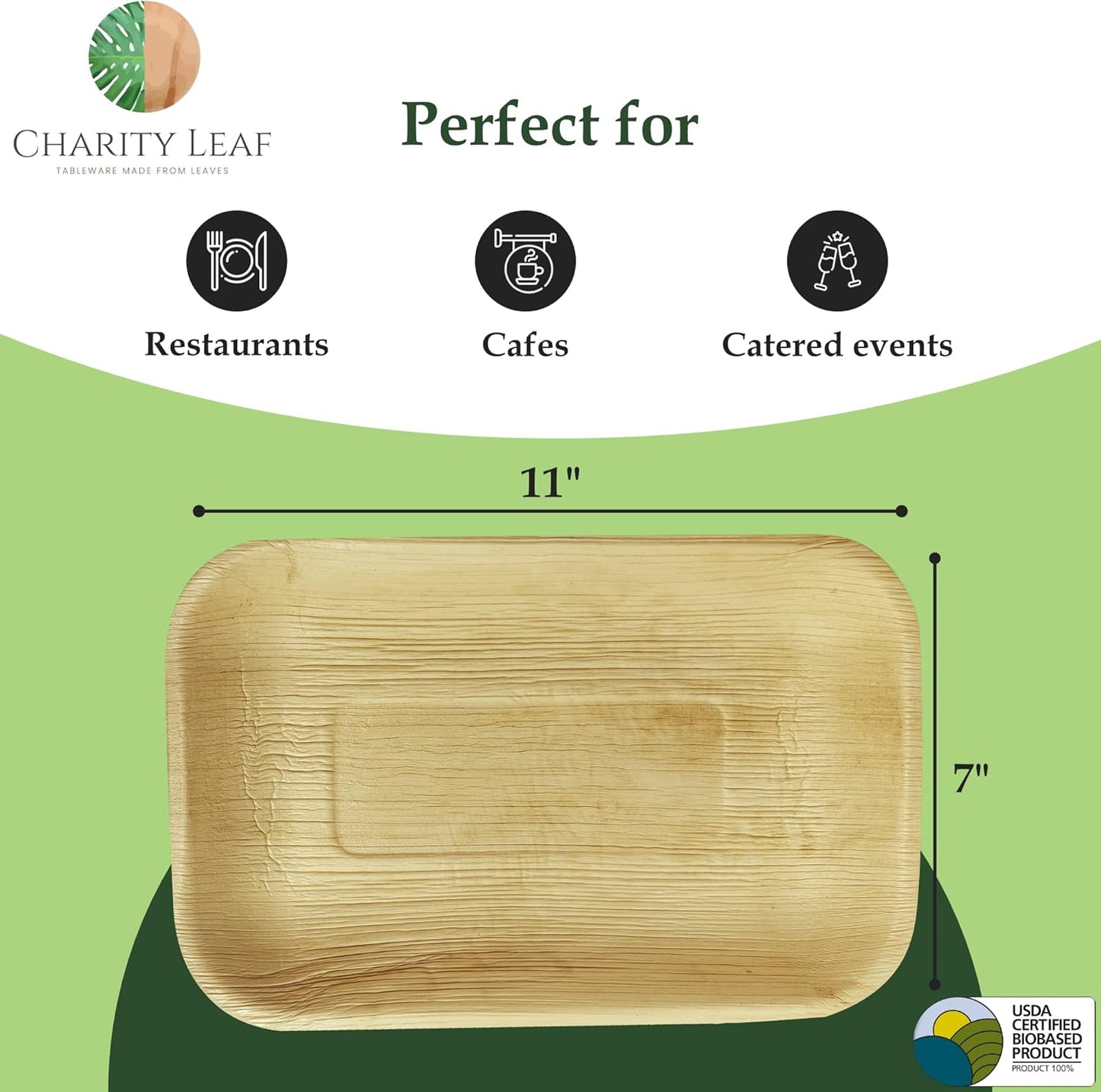 Charity Leaf Eco-Friendly Palm Leaf Trays - 11"x7" (25-Pack) | Bamboo-Style, Disposable Serving Platters | Perfect for Weddings & Events | Green & Compostable Dinnerware
