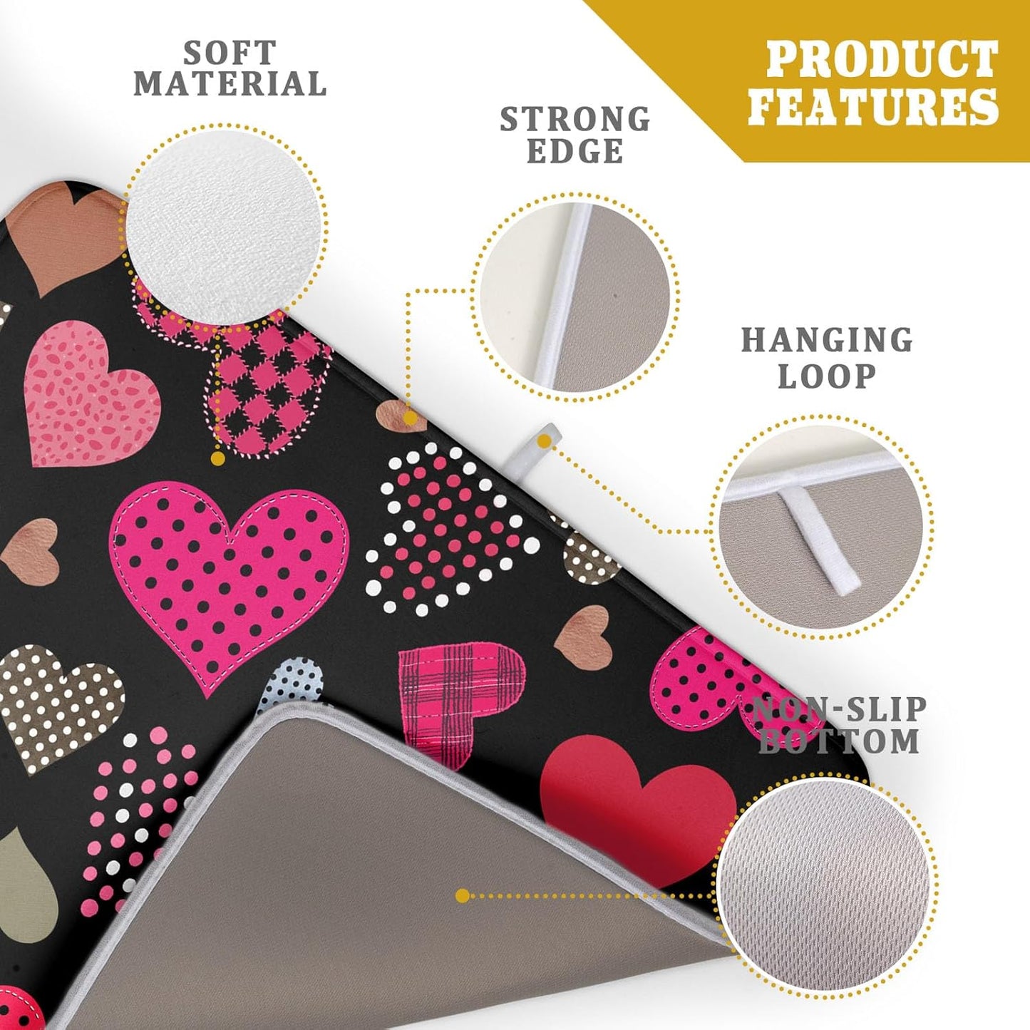 Happy Valentine's Day Black Dish Drying Mat for Kitchen Counter,Pink Love Heart Drying Mat 18 x 24 Inch with High Absorbent Microfiber Drainer Mat for Coffee Bar