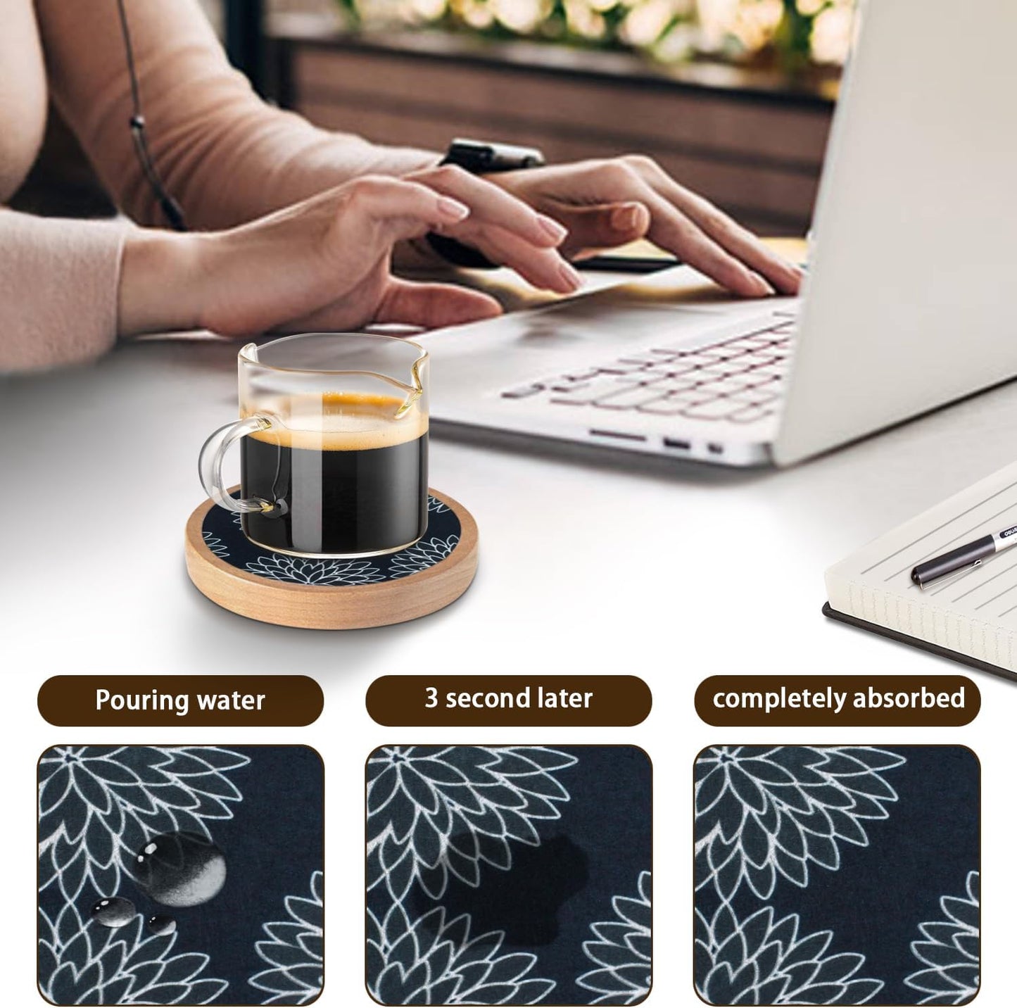 Wood Coasters Set of 8 with Holder, Cewiru Cup Mat for Drinks, Absorbent Coasters with Felt Insert for Coffee Table Protection, Modern Style Home Dining Table Decor, 4.3" Black