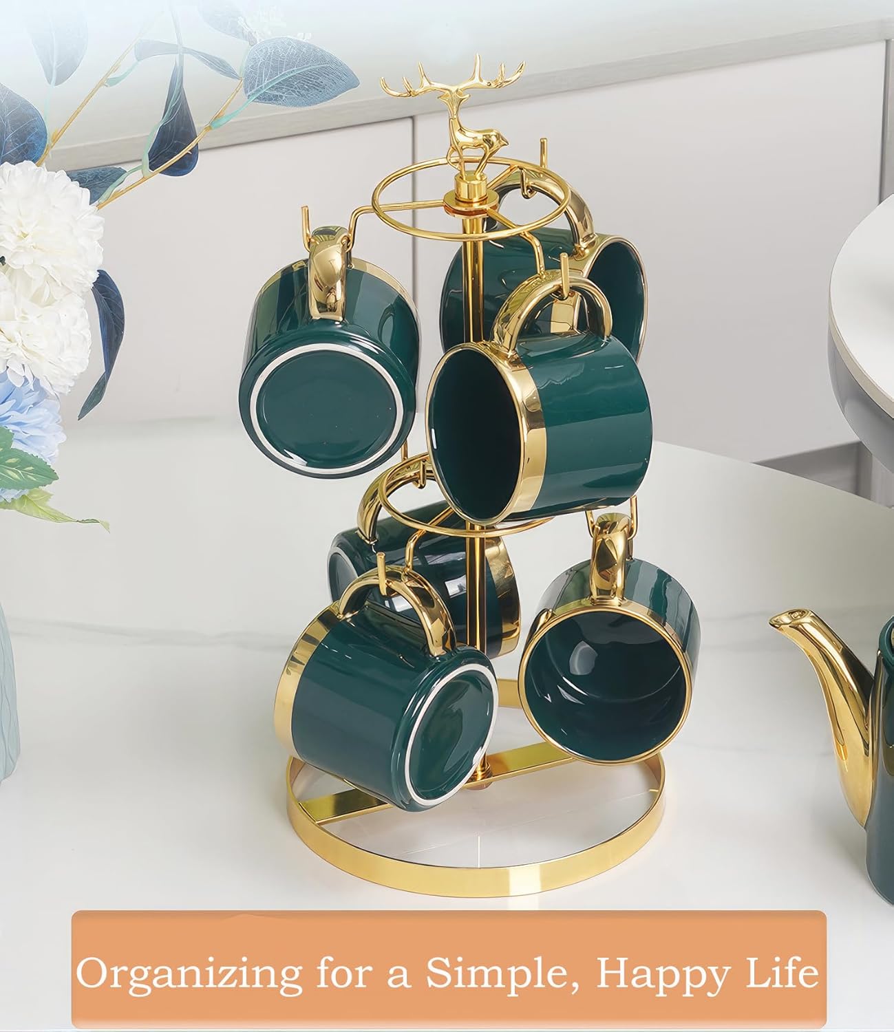 Coffee Mug Tree Holder for Counter,Double Tier Mug TeaCup Metal Holders Countertop,Coffee Mug Tea Cup Stand Rack for Counter Top 6 Hooks(Gold,Elk Deer)