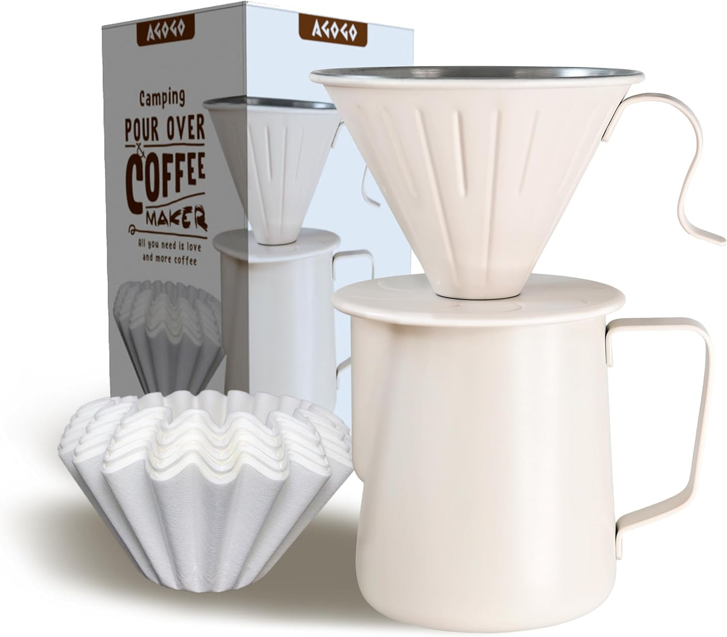 AGOGO Camping Pour Over Coffeemaker Set with Paper Filter Stainless Steel (Cream, 600ml)