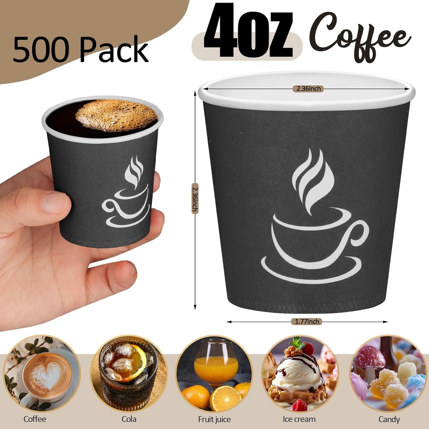 4 oz Paper Coffee Cups - 500 Pack Paper Espresso Cups, Disposable Coffee Cup, Small Paper Cup for Hot or Cold Beverage, Espresso, Capucino for Party, Picnic, Home, Office and Business (Black)