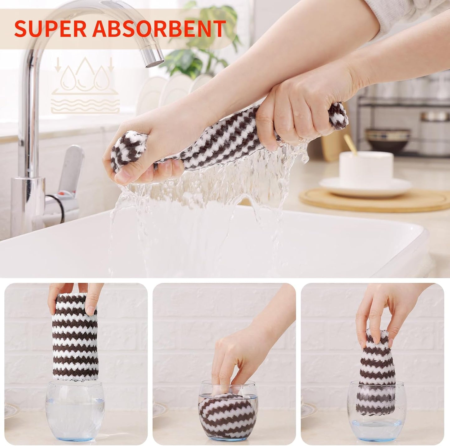 Homaxy 12 Pack Kitchen Dish Cloths, Ultra Soft and Absorbent Dish Towels, Reusable Fast Drying Microfiber Cleaning Cloth, Coral Velvet Wave Design No-lint, 10 x 10 inches, Brown