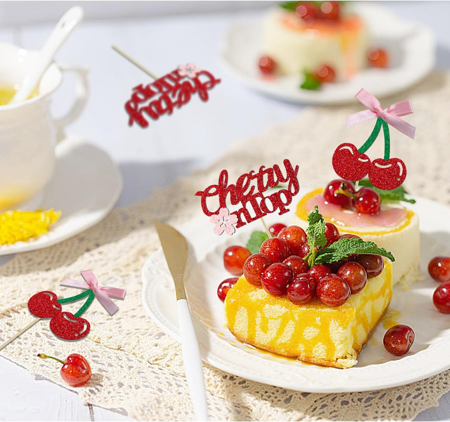 24 Pack She's the Cherry On Top Cupcake Toppers, Glitter Cherry Sweet Cake Pick for Fruits Theme Baby Shower and Bridal Shower Decorations Supplies (Ribbon Top)