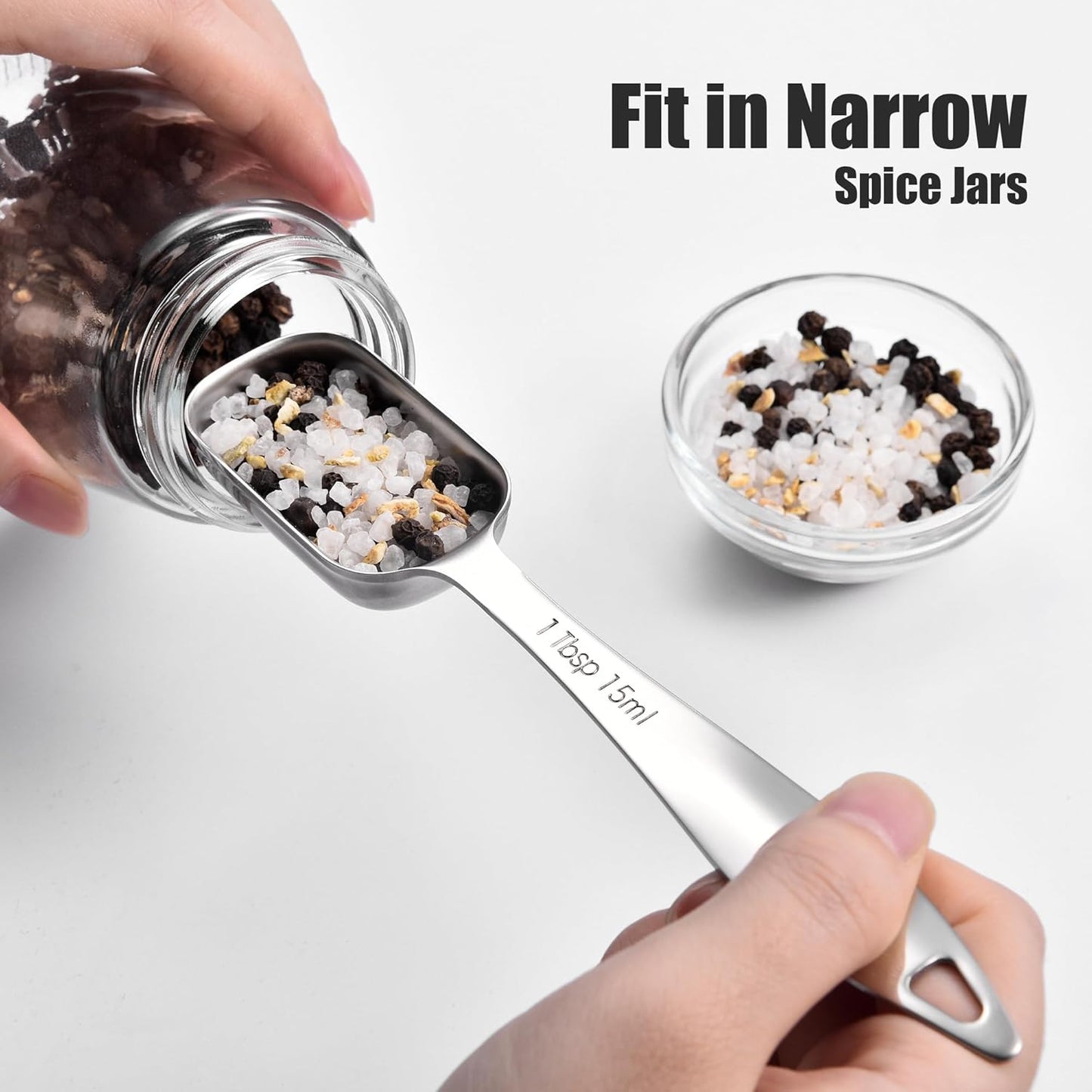 18/8 Stainless Steel Measuring Spoons: Doosu Heavy Duty Rectangular Spoon Square Teaspoon Tablespoon Scoop with Slim Long Handle in Narrow Spice Jar for Kitchen Baking Cooking (Set of 8 with Leveler)