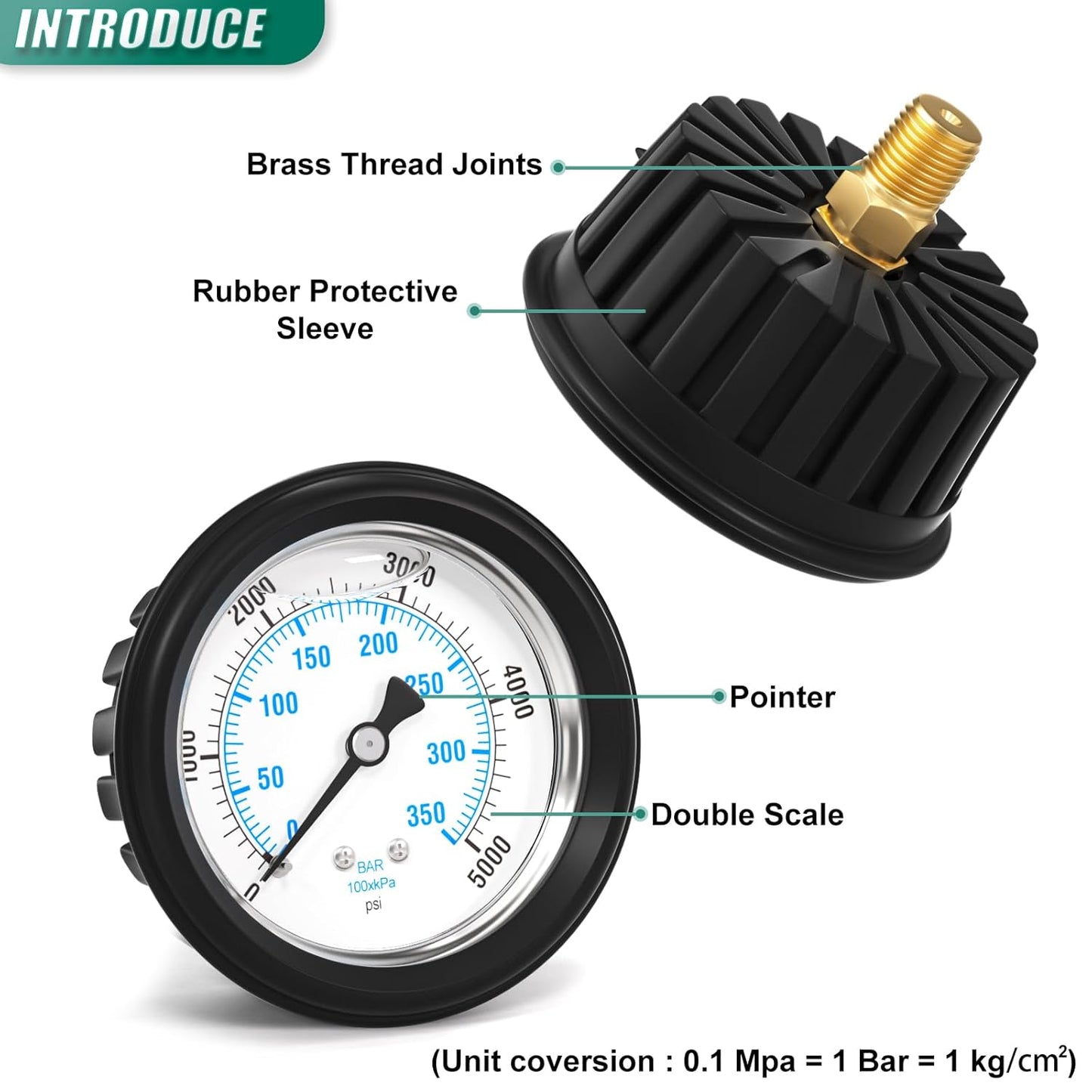 0-5000PSI Stainless Steel Liquid Filled Pressure Gauge, 2.5" Dial Size, 1/4" NPT Back Mount, with Rubber Protective Sleeve, for Tube, Water Pump, Gas, Liquid, Pressure Test