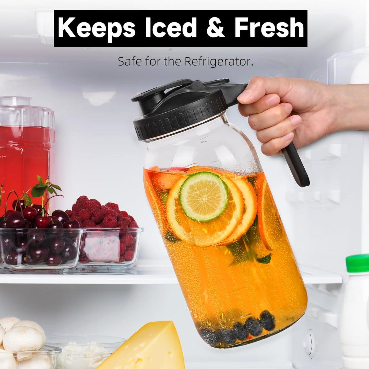 2 Pack 64oz Glass Mason Jar Pitcher with Airtight Lid and Handle – Wide Mouth, Leak-Proof, Ideal for Sun Tea, Cold Brew, Lemonade, Iced Coffee, Milk, and Water (Pink & Orange)