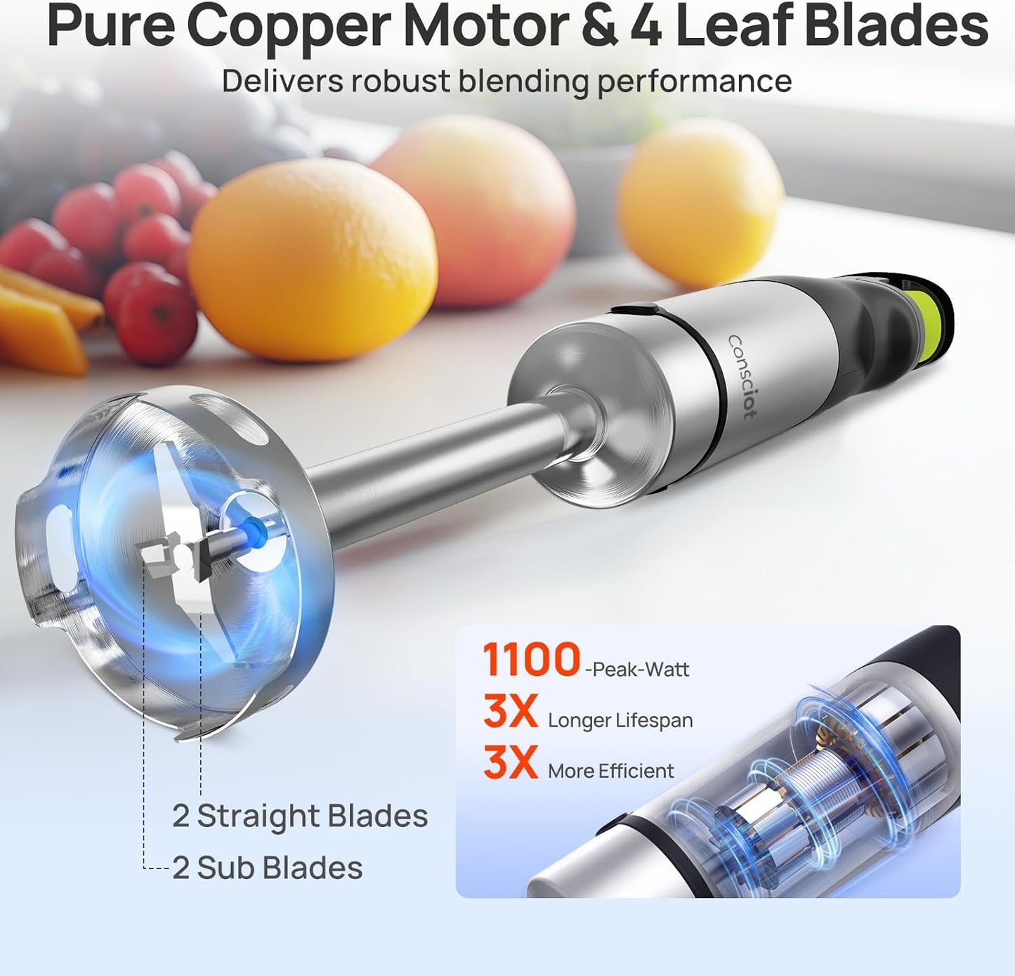 Consciot 10-in-1 Immersion Blender Handheld Max 1100W with Entire Stainless Steel Blender Shaft, Trigger Speed Control, 800ml Beaker, 600ml Chopper, Beaters, Frothers, Hooks, Masher, Whisk & 600ml Cup