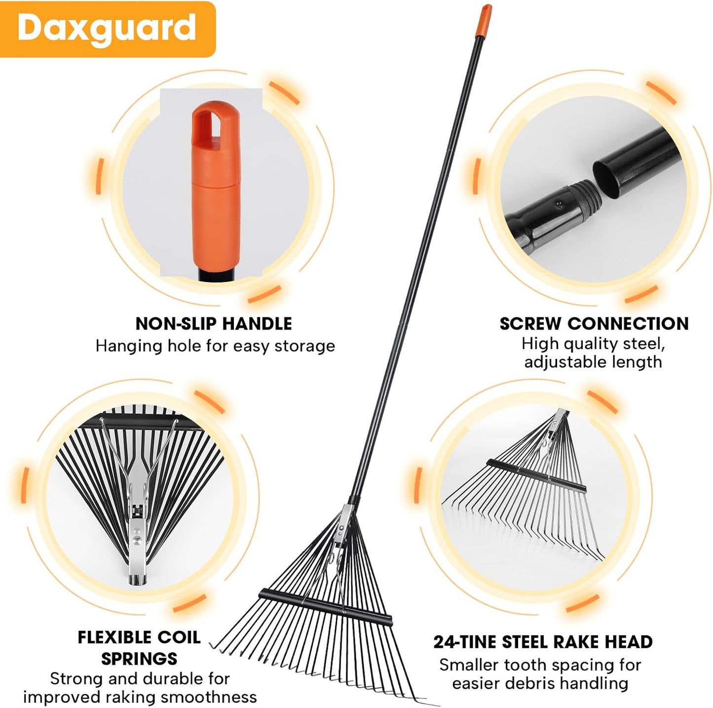 46 HRC Steel Gardening Leaf Rake, 24 Tines 23.2" Wide,Adjustable Split Long Handle 33-67",Suitable for Raking Leaves and Lawn Tidying,Garden rake and thatch rake Suitable for Adults