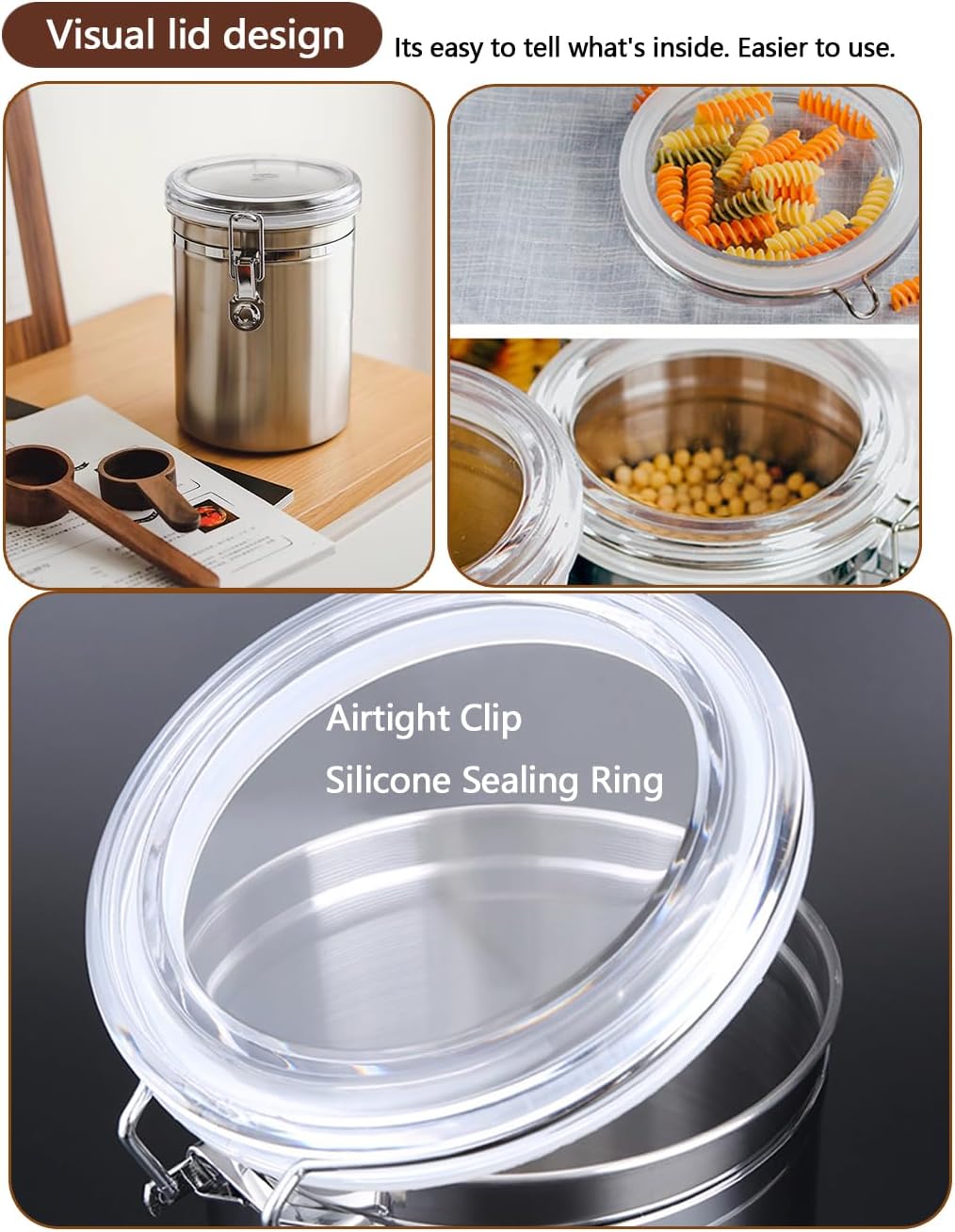 Coffee Canister 4 Pcs Stainless Steel Food Container with Clear Lids Airtight Container Stackable Canisters Kitchen Pantry Storage for Cereal, Snacks, Candy, Herbs, Spices, Sugar, Tea (1.8L Silver-4)