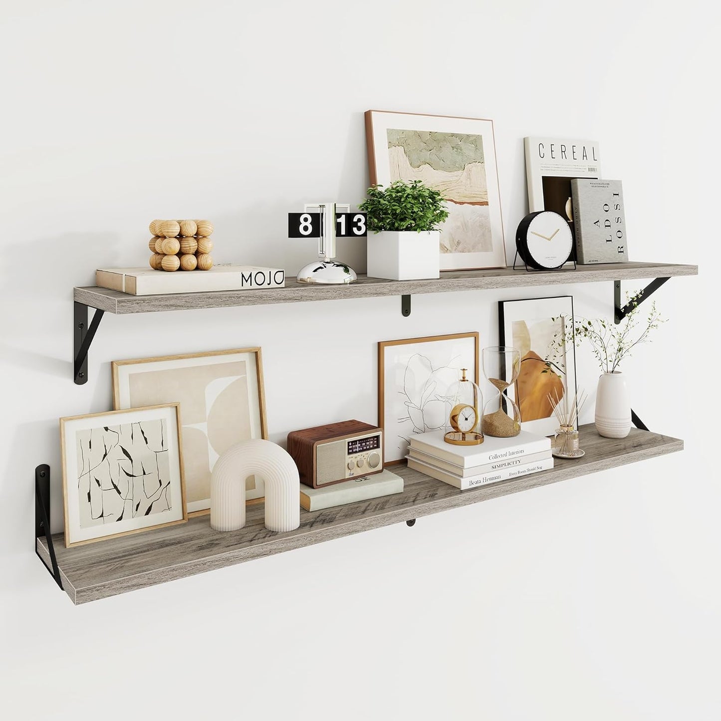 Dreamland Deep Floating Shelves for Wall, 48W x 8D Wall Mounted Shelves Set of 2, Wide Display Ledge Shelf with Sturdy Metal Brackets for Living Room, Bathroom, Bedroom and Kitchen, Grey