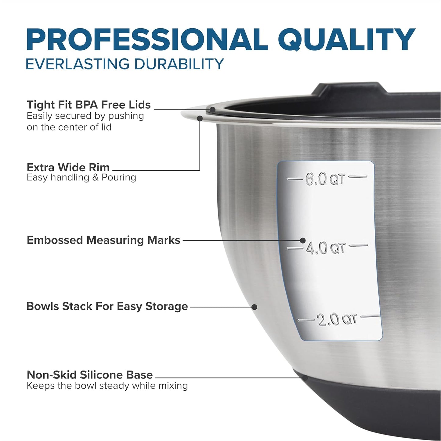 Viking Mixing Bowls Set, 10 Piece Stainless Steel Kitchen Cookware, Non-Slip Silicone Base, Includes Tight Fit Lids, Dishwasher Safe, Black