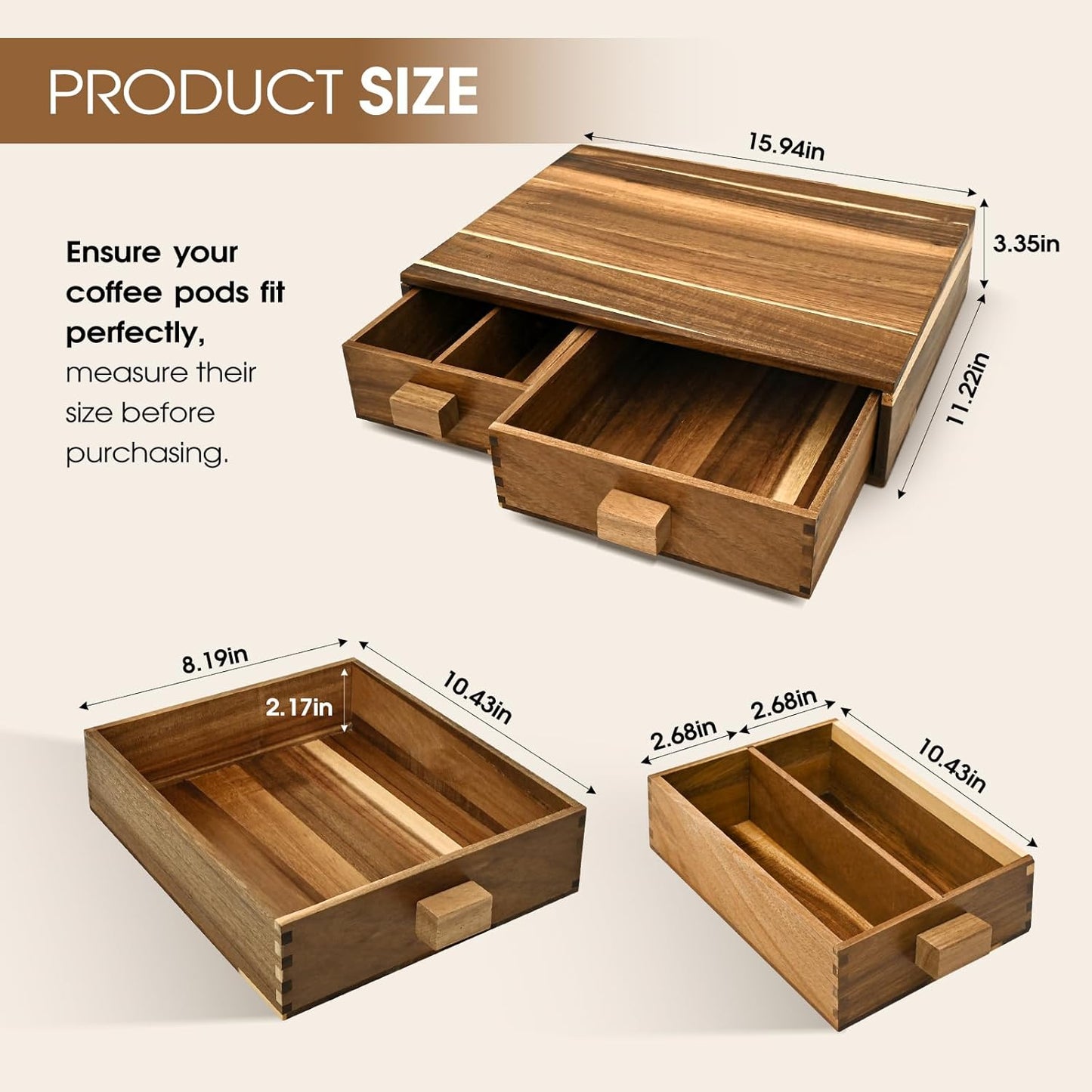 Acacia Wood K Cup Holder，Coffee Pods and Tea Bag Storage Organizer，with Two Drawers Kcup Holders for Counter，Multi-Functional Coffee Maker Stand