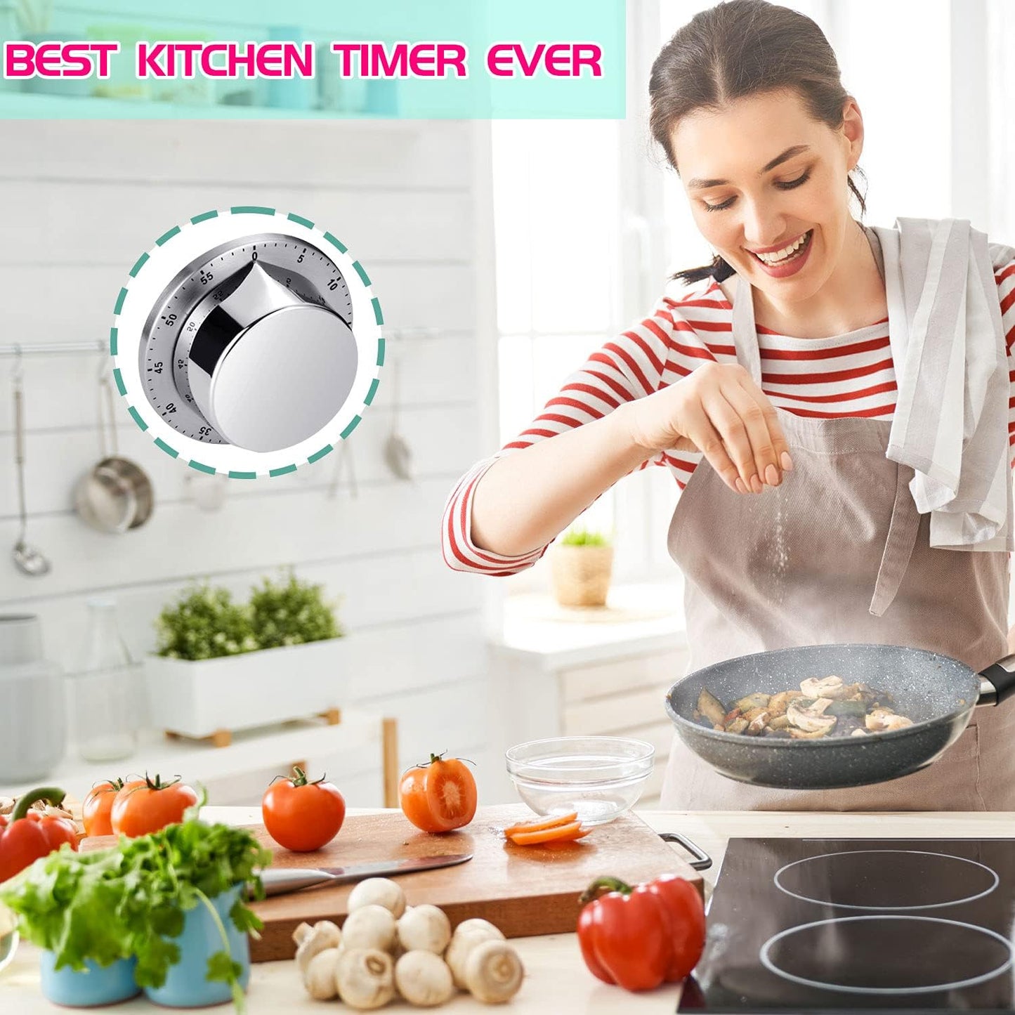 Kitchen Timer, Chef Cooking Timer Clock with Loud Alarm, No Batteries Required, 100% Mechanical - Magnetic Backing, Exquisite Stainless Steel Body - Countdown Reminder - Silver 1Pack