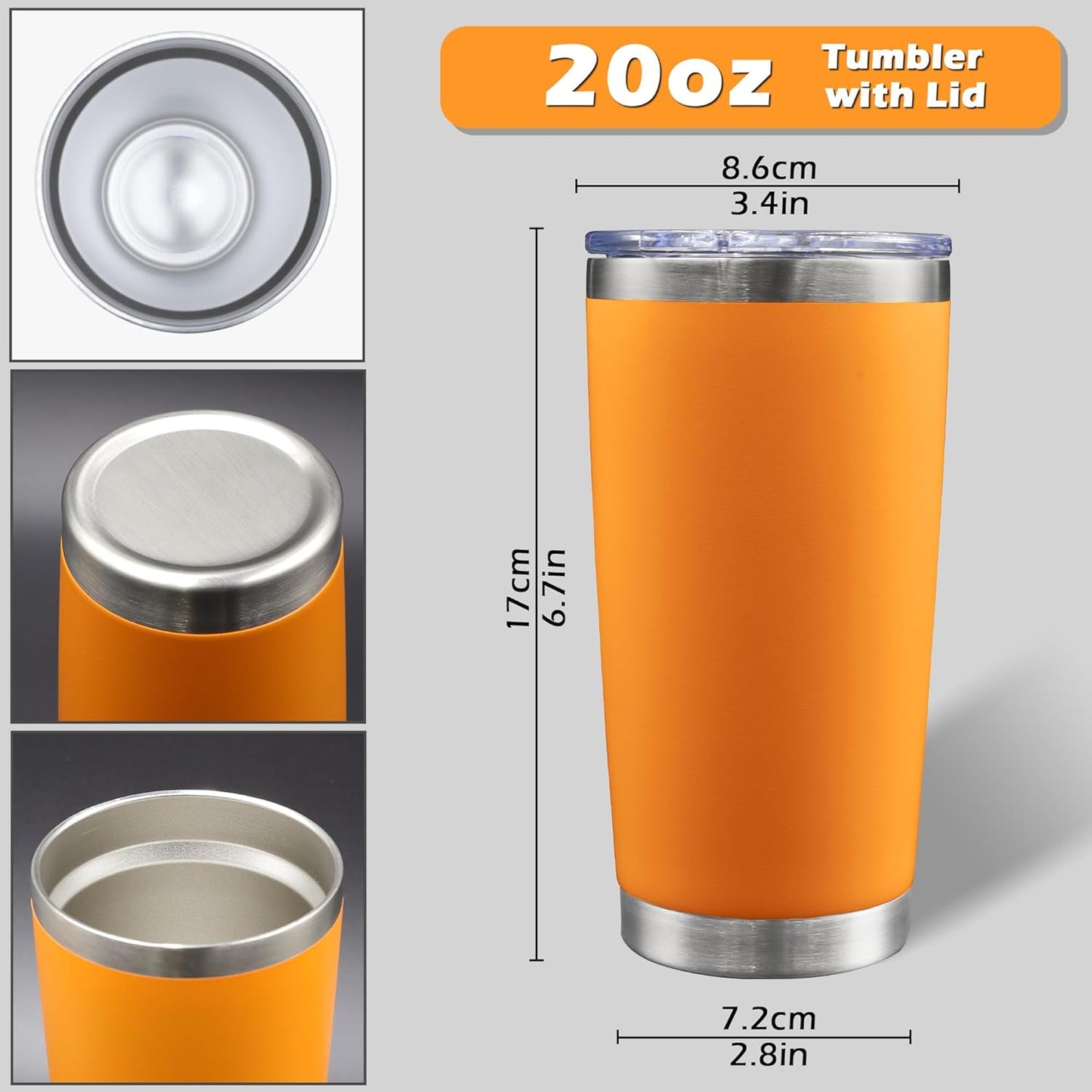 20oz Tumbler Bulk Stainless Steel Tumblers with Lid Vacuum Insulated Double Wall Travel Coffee Mug Powder Coated Tumbler Cup for Hot and Cold Drinks(Orange, 1 pack)
