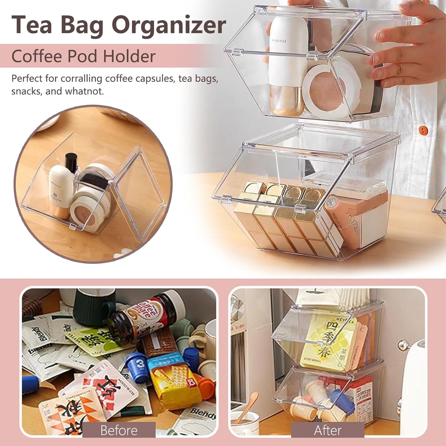 Roninkier 4 pack Coffee Pod Holder Tea Bag Organizer, Large Capacity Stackable Coffee Bar Accessories for Counter