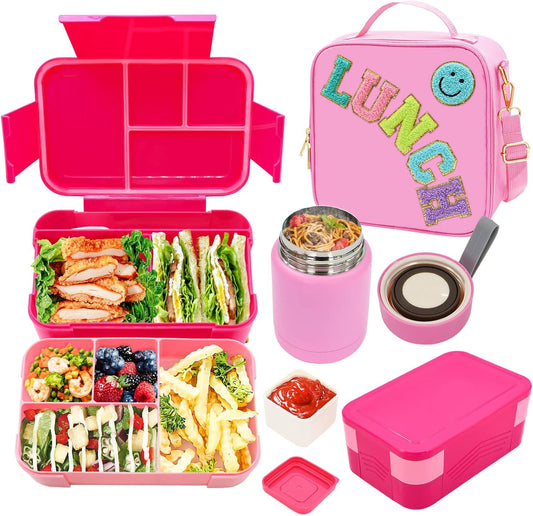 Pink Lunch Box for Girls with 10oz Thermo, with 6 Compartment Bento Box, Nylon Insulated Lunch Bag Adjustable Strap for Girl Kids Teens School Travel Picnic
