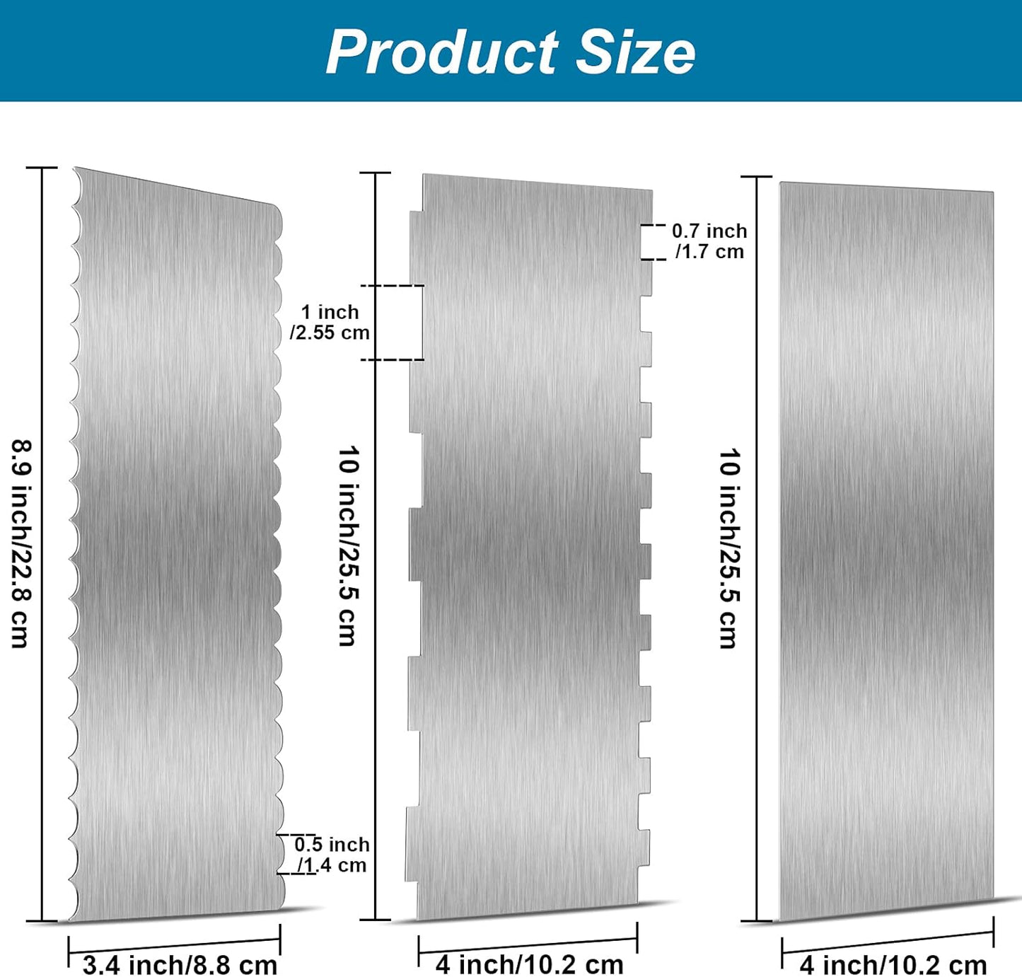 3 Pieces Stainless Steel Cake Scraper 10 Inch and 9 Inch Large Double Sided Patterned Edge Stripe Edge Smoother Scraper Cake Decorating Comb Pastry Cutter for Butter Mousse Cream Decoration