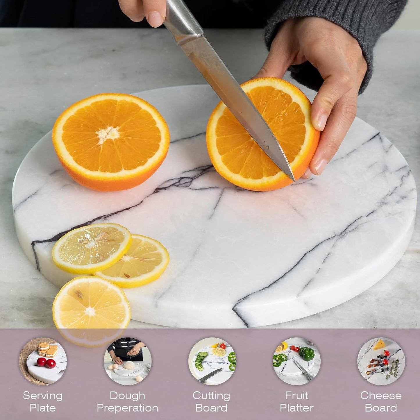 Koville Marble Cutting Board for Kitchen Countertop, 11" Round Marble Cheese Board Serving Tray for Baking, Charcuterie, Pastry, Trivet, Stone Cutting Boards for Kitchen - Milas Lilac