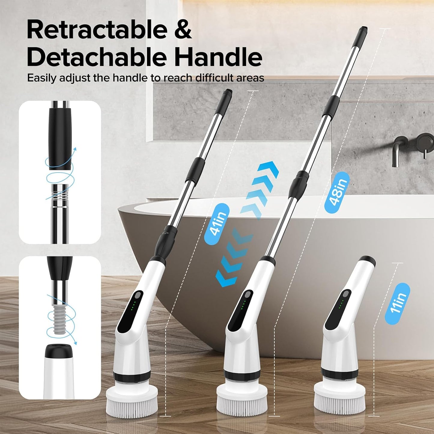 Electric Spin Scrubber, Dreazu IPX7 Bathroom Scrubber with 7 Replaceable Brush Heads & Retractable Handle, 2-Speed Adjustable Shower Cleaner Brush for Bathroom, Bathtub, Kitchen, Tile Floors