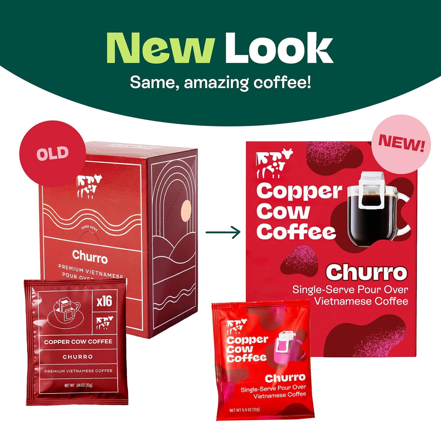 Copper Cow Premium Pour Over Single-Serve Vietnamese Coffee | Classic Black, Churro | Dark Roast | Includes 16 Coffees