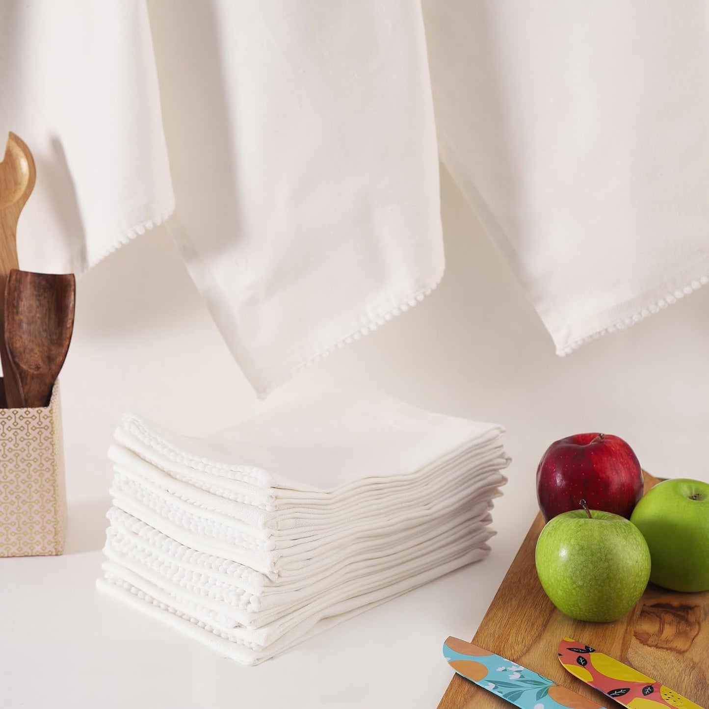 TARAN LIVING Kitchen Towels 100% Cotton Solid Kitchen Dish Cloths Decor Hand Towel Reusuable Dish Towel for Cleaning & Drying Tea Towels Set with Hanging Loop - 18"x 28" - White, Pack of 12