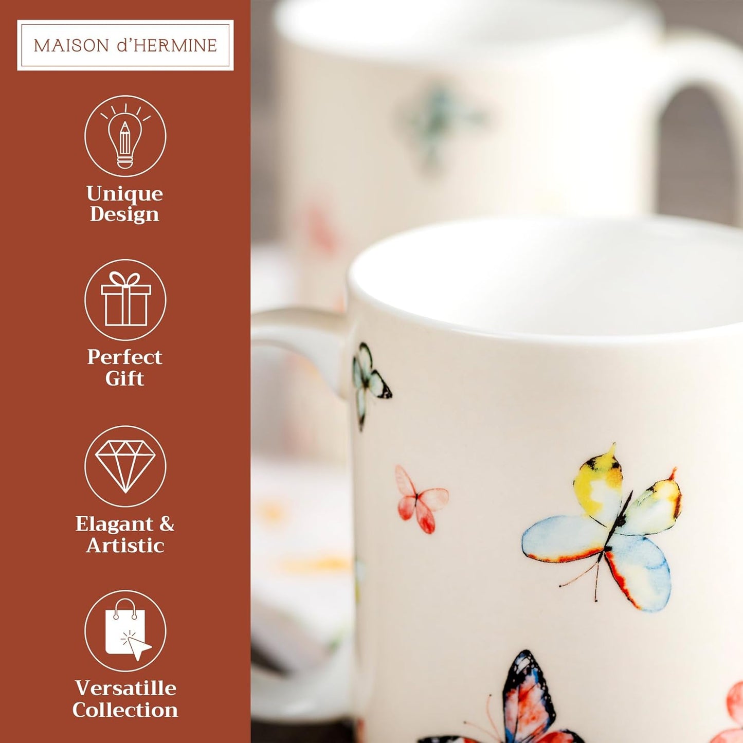 Maison d' Hermine Coffee Mug with Handles Fine Bone China Mugs Pack of Two Tea Cups for Hot Beverages Cappuccino Latte Home Restaurant Office Perfect for Gift (Botanical Fresh, 15 Ounce)