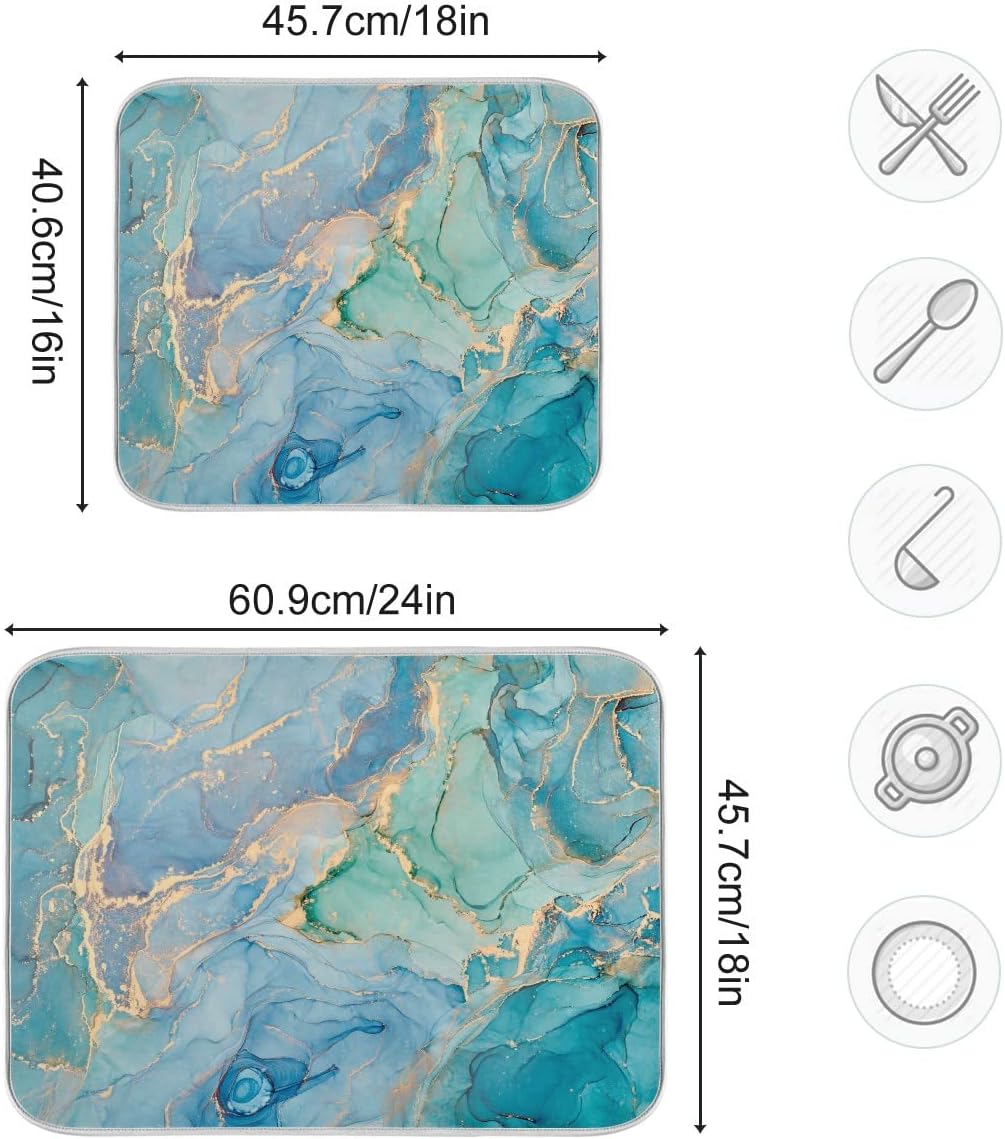 Marble Dish Drying Mat for Kitchen Counter Blue Teal Turquoise Gold Drying Mat 18 x 24 Inch with High Absorbent Reversible Microfiber Dish Drying Pad Dish Rack Pad Drainer Mat for Coffee Bar