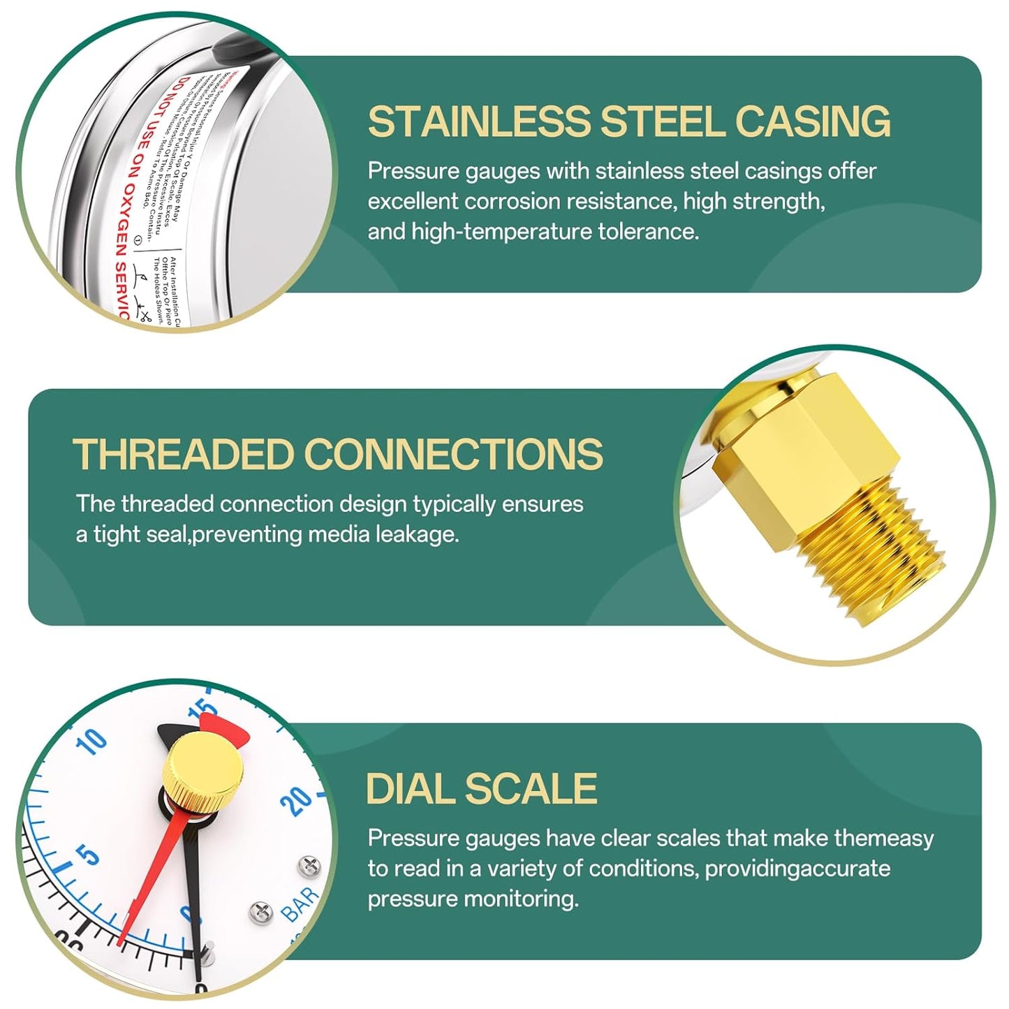 0-300PSI Stainless Steel with Reset Pointer Liquid Filled Pressure Gauge, 2.5" Dial Size, 1/4" NPT Lower Mount, for Tube, Water Pump, Gas, Liquid, Pressure Test