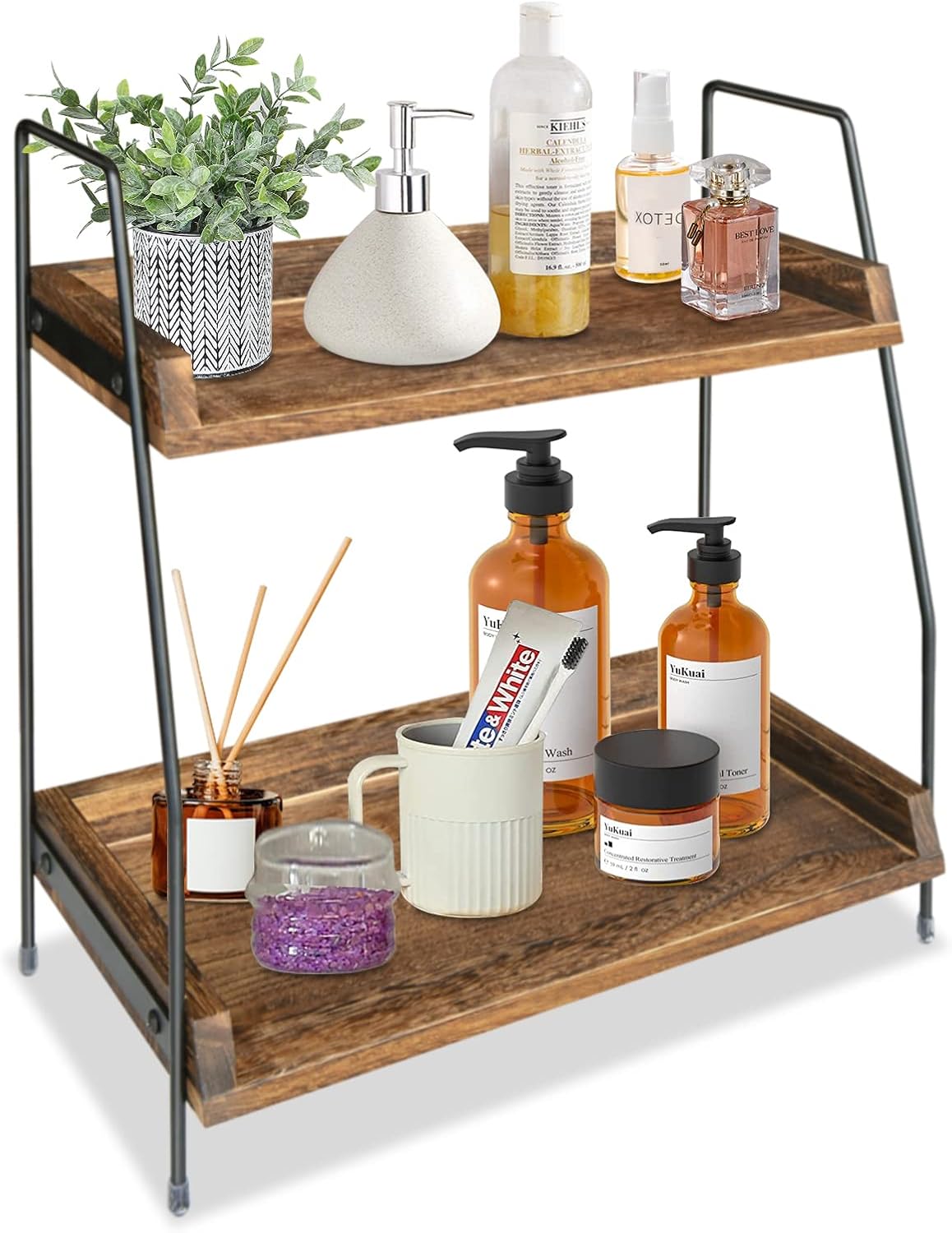 Yusepure Coffee Bar Accessories and Organizer Countertop, Coffee Station Organizer Kitchen Counter Shelf Organizer,Coffee Condiment Storage,Cup Lid Holder Countertop Shelf for Bathroom (Dark Brown)