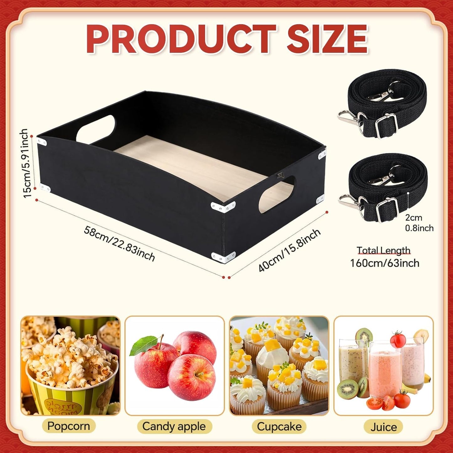 Large Halloween Wooden Snack Trays with Strap 22.8 x 15.8 x 5.9 Inch Movie Night Snack Trays Usherette Vendor Tray Popcorn Carrier Party Tray for 20's Theme Party Carnival Costume Supplies