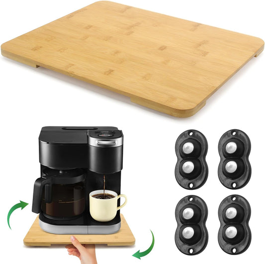 Appliance Slider 360° Rolling Tray for Coffee Maker- Bamboo Coffee Pot Slider Tray Countertop Rotation Sliding Tray with Wheels, Small Appliances Mat (Medium13.9"×11.6")