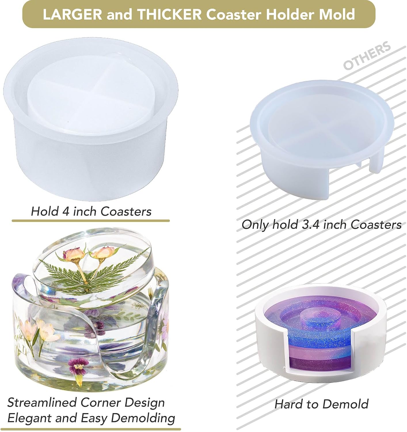 6-Cavity Deep Coaster Molds with 4 Inches Thickened Coaster Holder Silicone Mold for Epoxy Resin, Coaster Resin Molds for DIY Art Craft Cup Mats Flower Bouquet