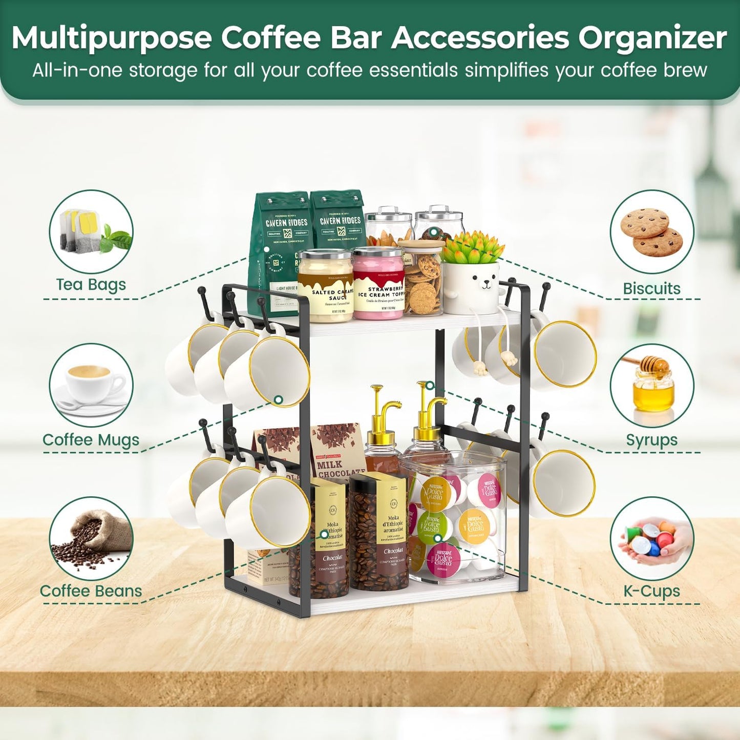EsLuker.ly 2 Tier Coffee Mug Holder Station Bar Organizer Countertop, Mug Cup Tree Rack for Kitchen Office, Storage Shelf with 12 Hooks, Creat Stylish Coffee Corner, White-Black