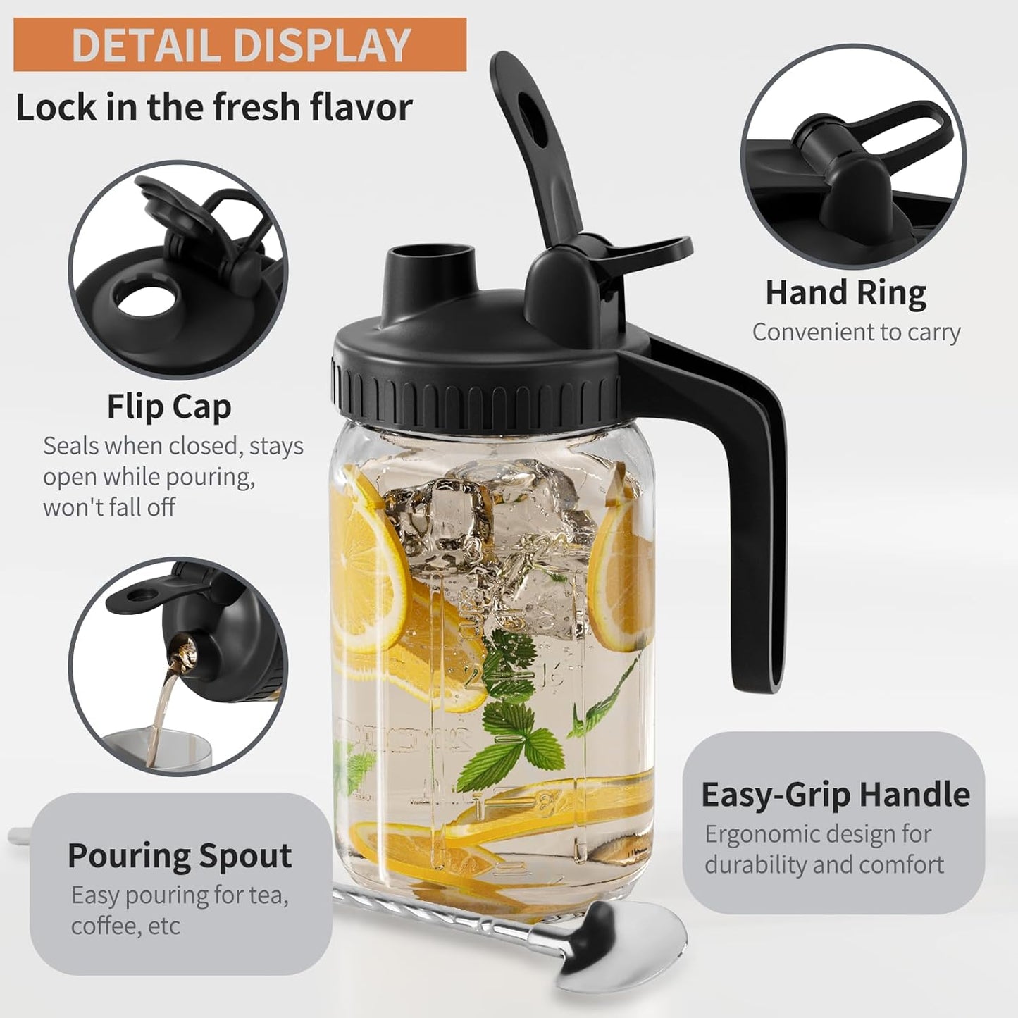 Glass Mason Jar Pitcher - 32oz with Pour Spout Lid, Airtight Seal - Ideal for Cold Brew Coffee, Juice, Lemonade, and More - Premium Glass Jug for Beverages and Sun Tea-Dark Cover