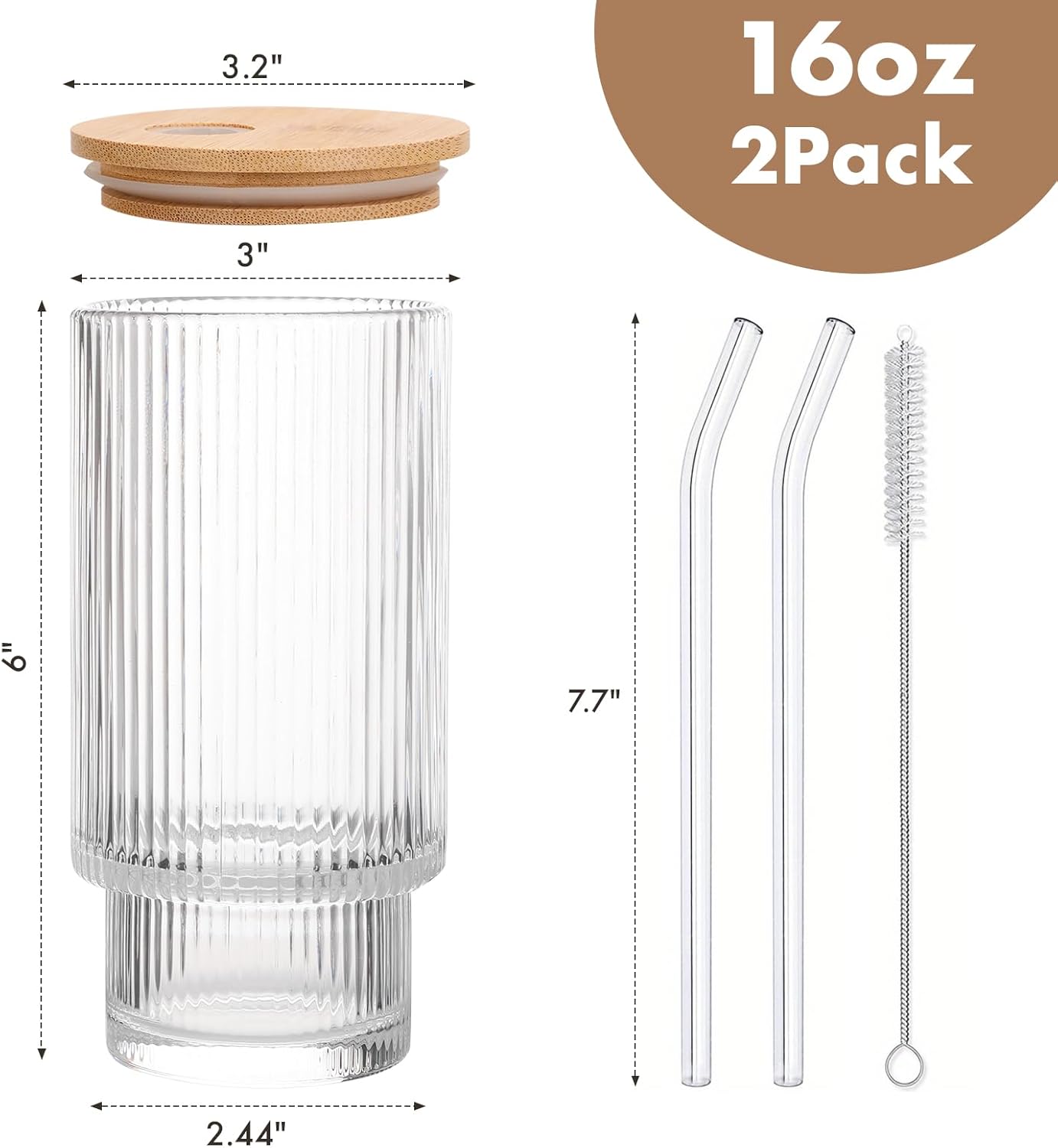 Glass Cups with Bamboo Lids and Straws - 16 oz Iced Coffee Cups, Vintage Ribbed Drinking Glasses, Tumbler for Juice, Beer, Coffee, Milk, Cocktail, Water (2 Pack)