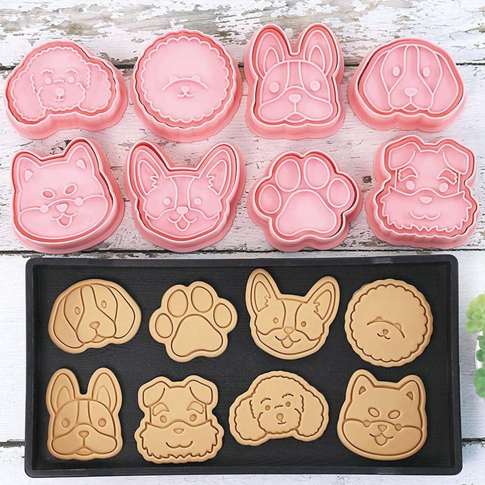 8 Dog Cookie Cutters Set, 3D Puppy Cookie Stamps, Cupcake Pancake Apple Pie Pastry Biscuit Molds, Cookie Baking Molds for Dog Party Decorations (Puppy-1)