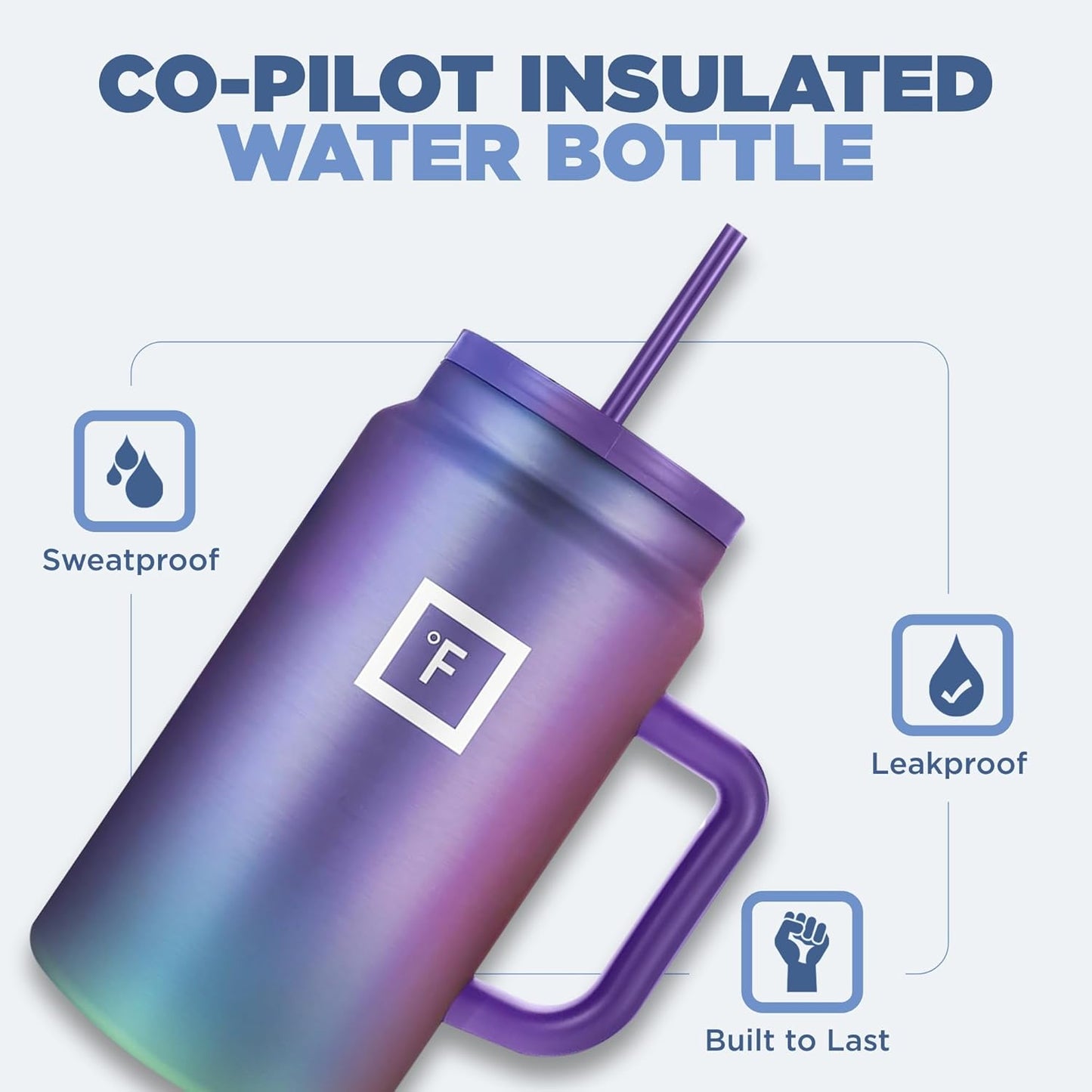 IRON °FLASK Co-Pilot Insulated Mug w/Straw & Flip Cap Lids - Cup Holder Bottle for Hot, Cold Drink - Leak-Proof - Water, Coffee Portable Travel Mug - Black, 50 Oz