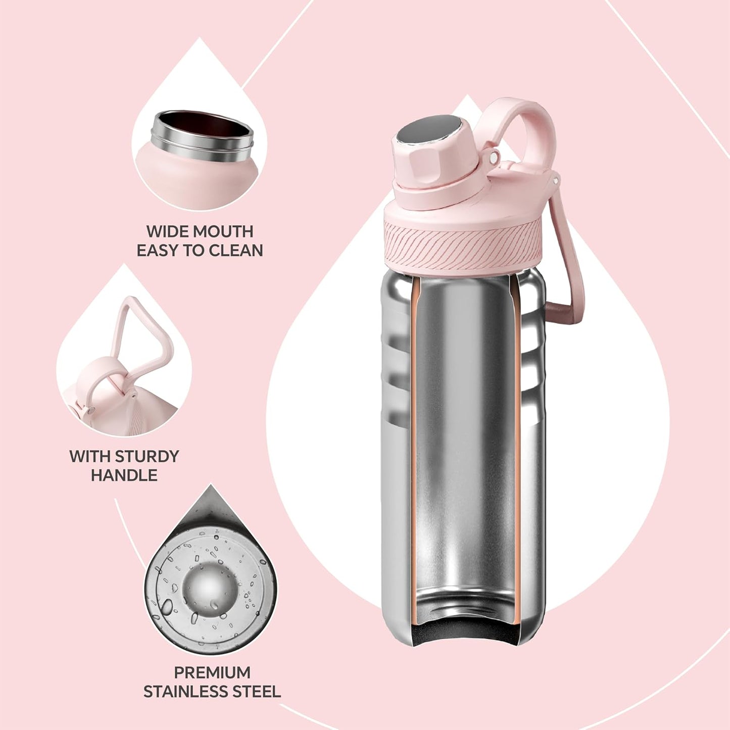 IDEUS Insulated Stainless Steel Water Bottle with 2 Leak-Proof Lids, Thermal Water Flask for Hiking Biking, 18oz, Light Pink
