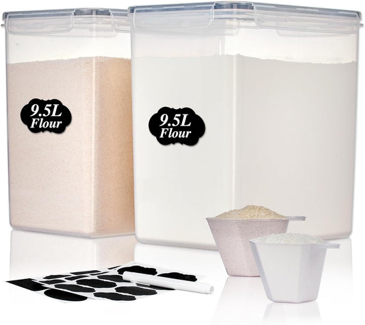 Vtopmart 9.5L 2 Pack Extra Large Flour Sugar Storage Containers for 25lbs flour, Airtight Kitchen Pantry Organization Canisters with Lids for Bulk food, Rice, Baking Supplies, BPA Free, Black