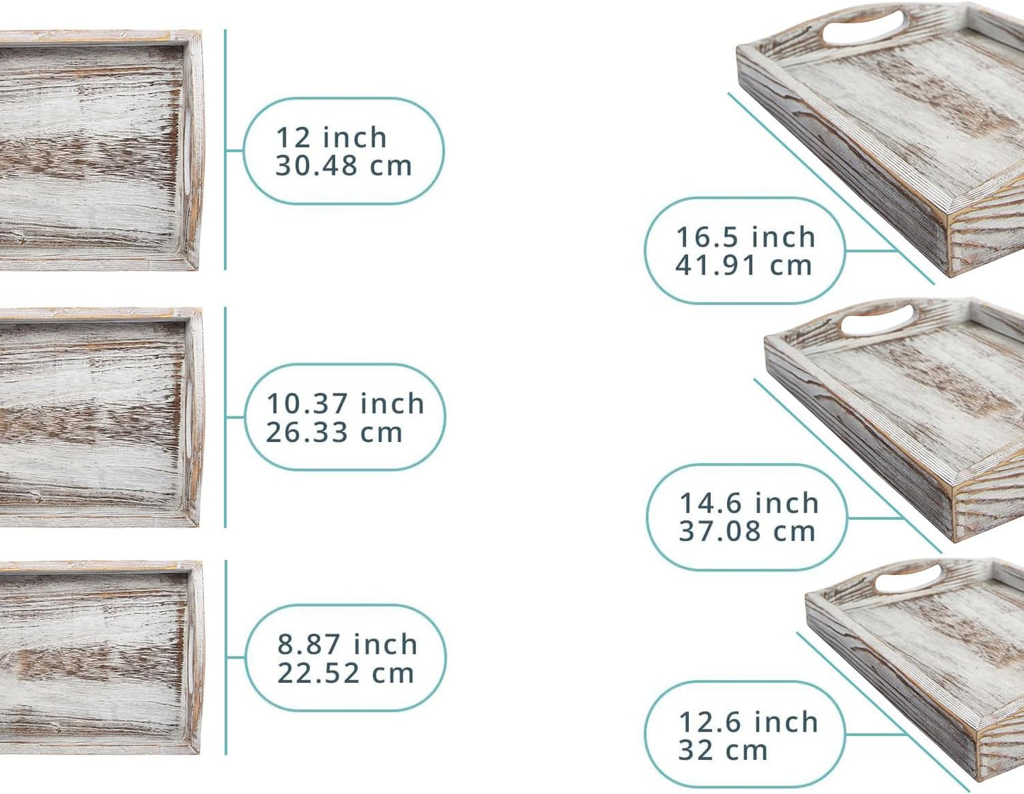 Serving Trays Set of 3 - Ottoman Wood Trays for Entertainment, Food and Décor - Rustic Farmhouse Distressed Wood Finish - Rustic White