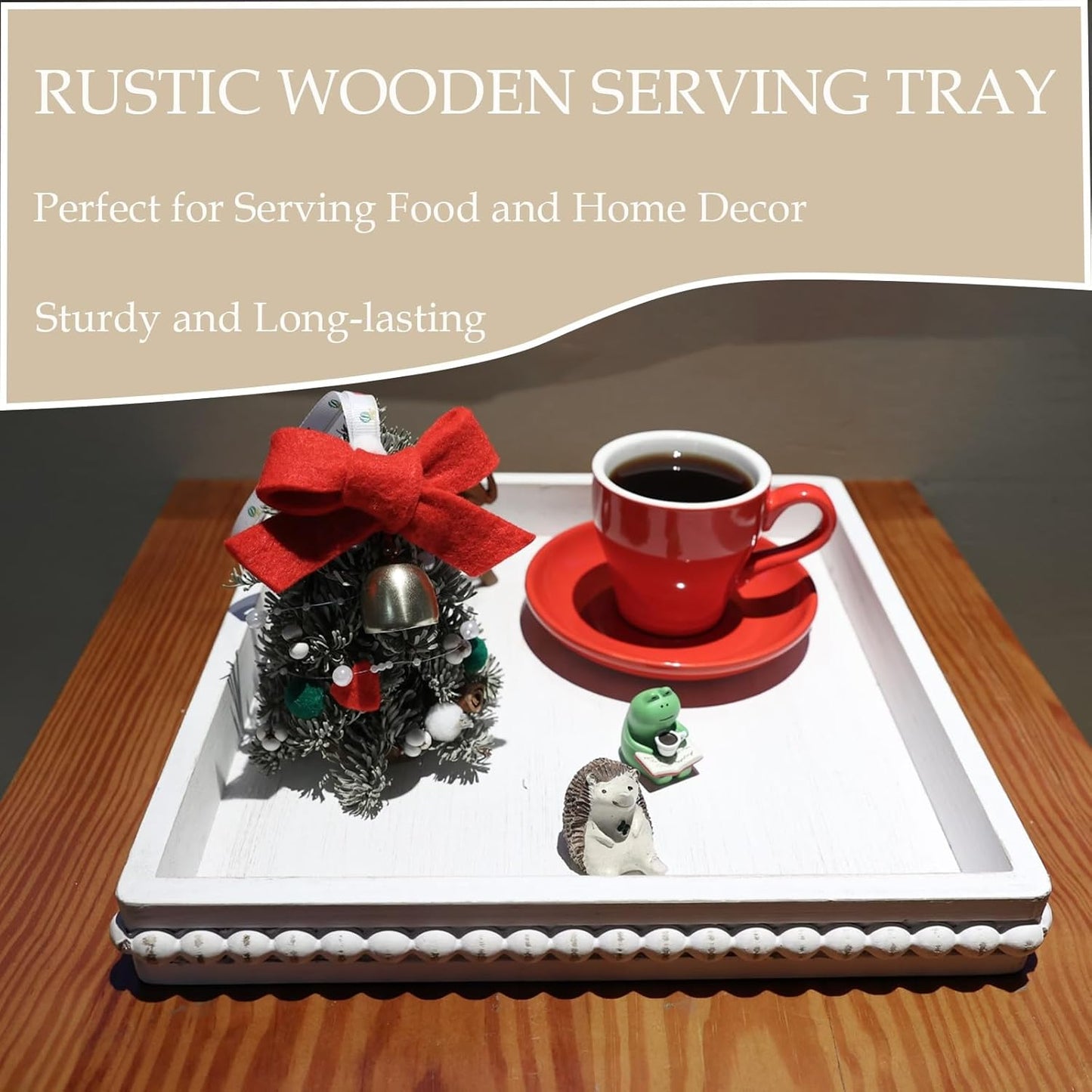 Square Wood Decorative Serving Tray, Rustic Coffee Table Tray for Ottoman,Kitchen Counter Organizer, Bedroom, Home Decor(Whitewashed)