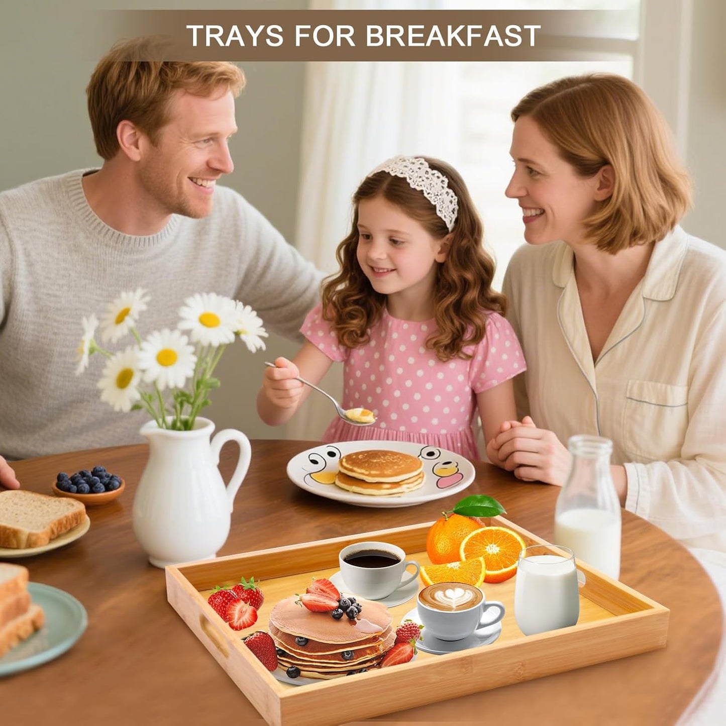 Wooden Serving Tray with Handles Bamboo Decorative Large Coffee Table Food Trays for Breakfast Dinner Restaurants Party or Home Decor Outdoor Scenarios 2 Packs