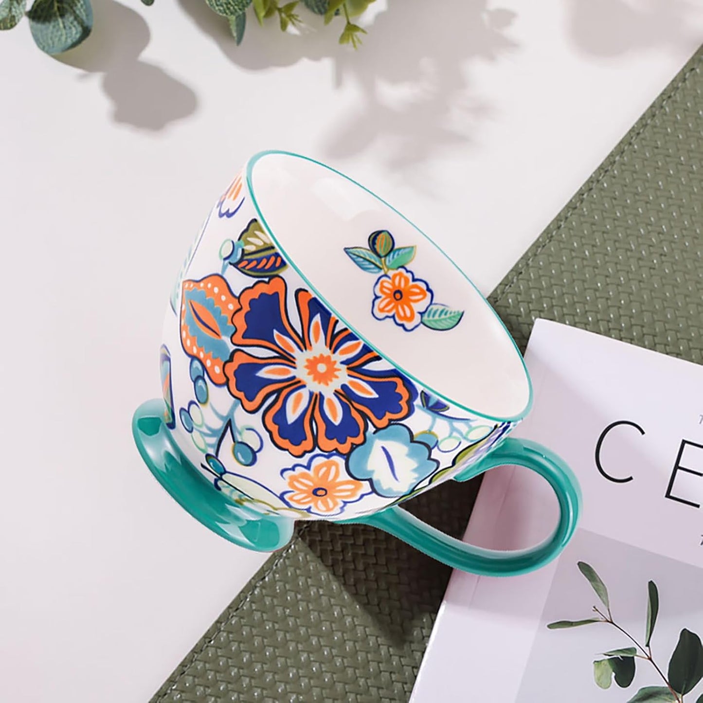 Vintage Flower Mugs – Large Ceramic Coffee Mug (15oz) – Cute Cereal Cup for Breakfast, Oatmeal Tea & Hot Drinks – Handmade Ceramic Cup with Floral Design