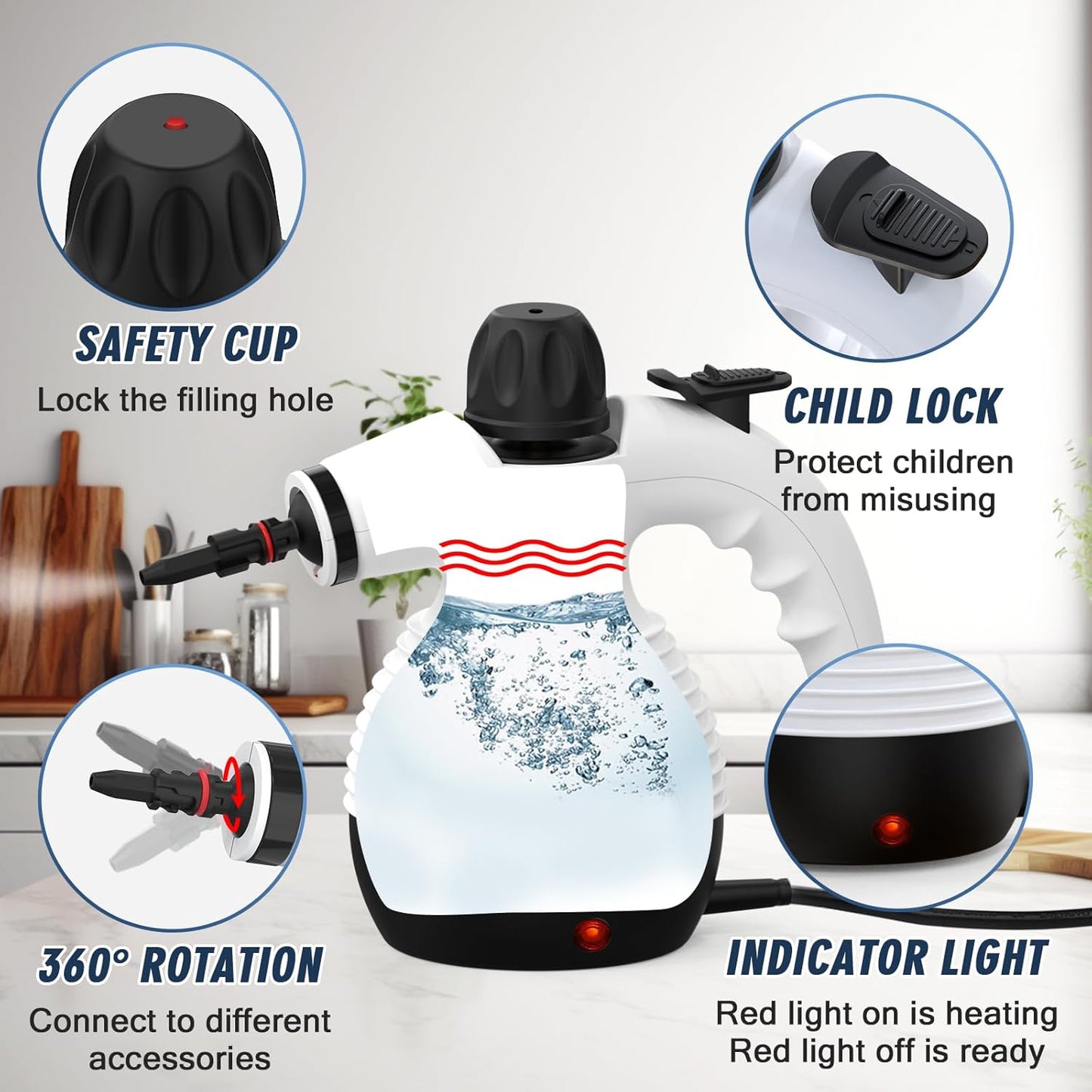 Handheld Steam Cleaner, Steamer for Cleaning, Multipurpose Portable Steam Cleaners for Home Use with Safety Lock and 10 Accessory Kit to Remove Grime, Grease, and More, Save Time and Effort