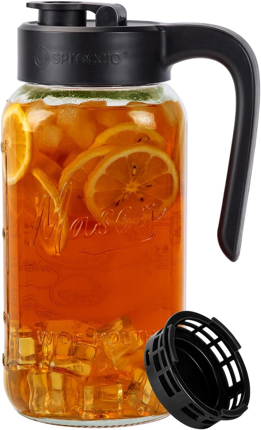 Mason Jar Pitcher with Tea Filter, Airtight & Leakproof Glass Pitcher with Lid, 64 oz Sun Tea Glass Jar for Outside, Perfect for Sun Tea, Lemonade, and iced Tea