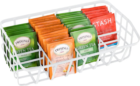 Tea Bag Organizer Caddy - Metal Tea Box Storage Holder for Cups, Pods, Packets, Condiment Accessories - White