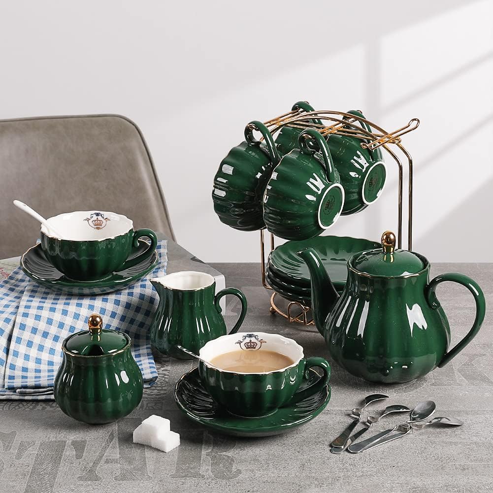 Porcelain Tea Sets British Royal Series, 8 OZ Cups& Saucer Service for 6, with Teapot Sugar Bowl Cream Pitcher Teaspoons and Tea Strainer, Suitable for High Tea, Wedding, Party (Jade)