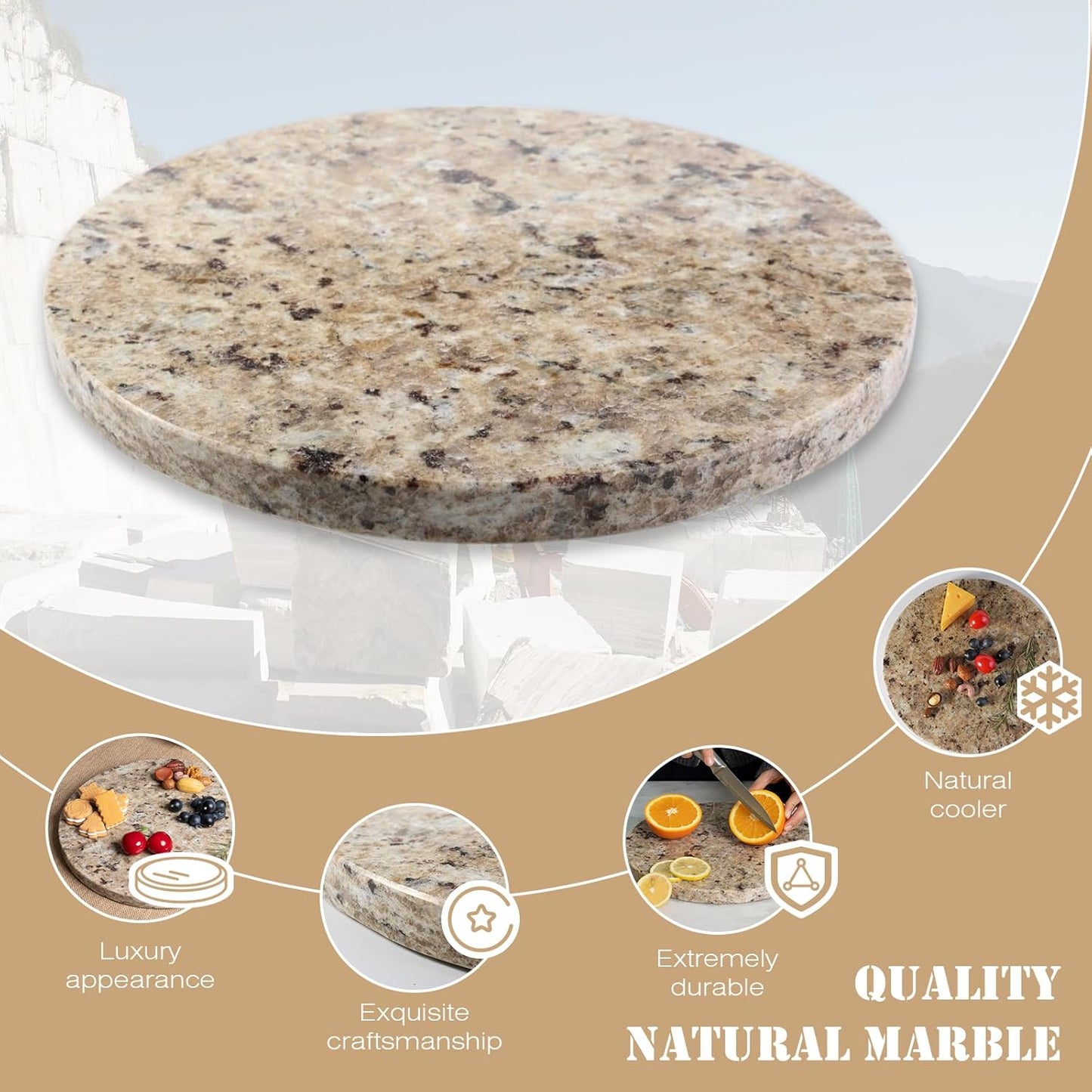 Koville 11 Inch Round Marble Cutting Board for Kitchen Countertop, Golden Brown Marble Cutting Boards Pastry Board for Kitchen Decor, Stone Cutting Cheese Board Charcuterie Boards