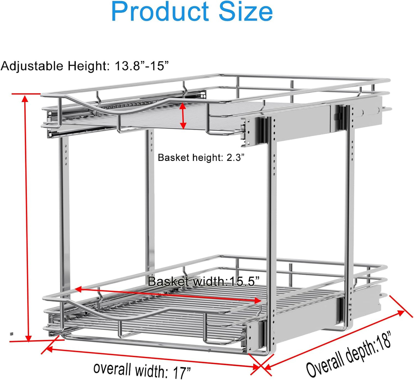 DINDON 2 Tier Pull Out Cabinet Organizer (17" W x 18" D) Heavy-Duty Metal Sliding Drawer Shelf, Two Tier Pull Out Shelves for Kitchen Cabinets, Pantry, Bathroom, Chrome Finish
